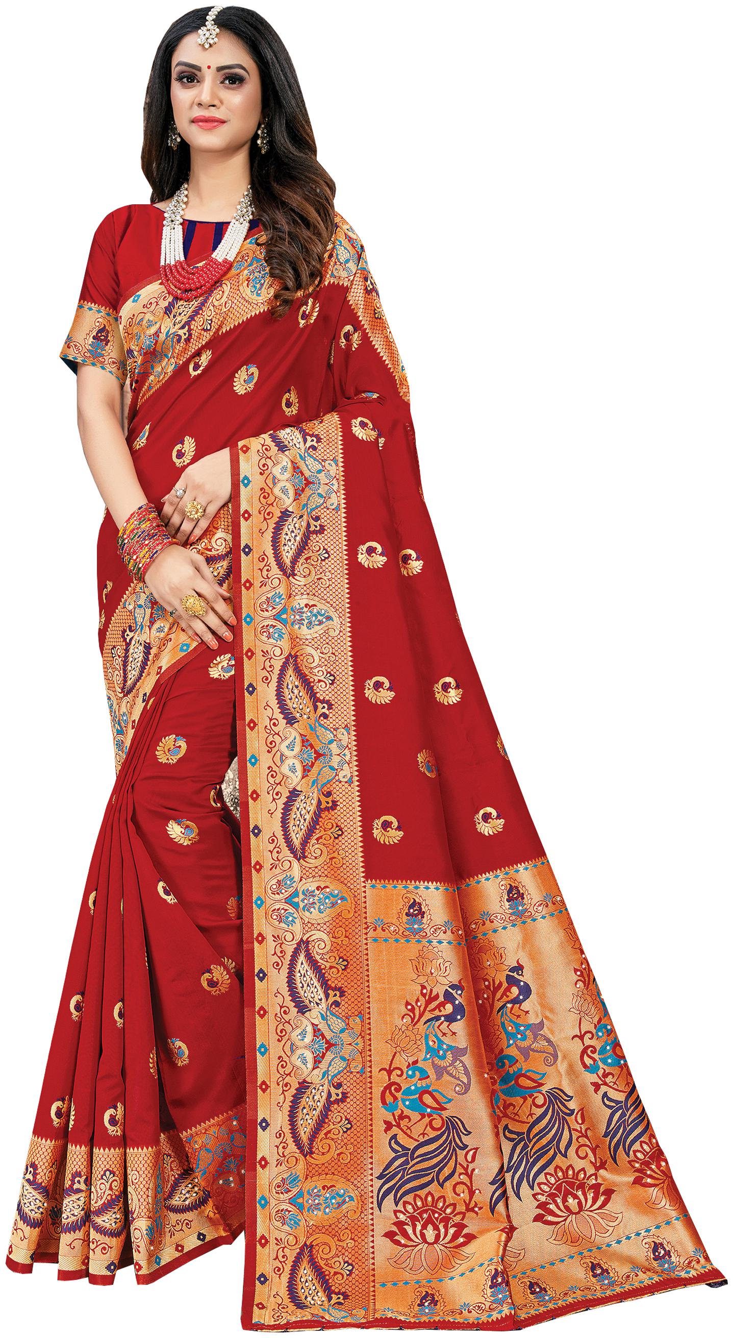 

Sangam Prints Silk Red Printed Regular Saree For Women