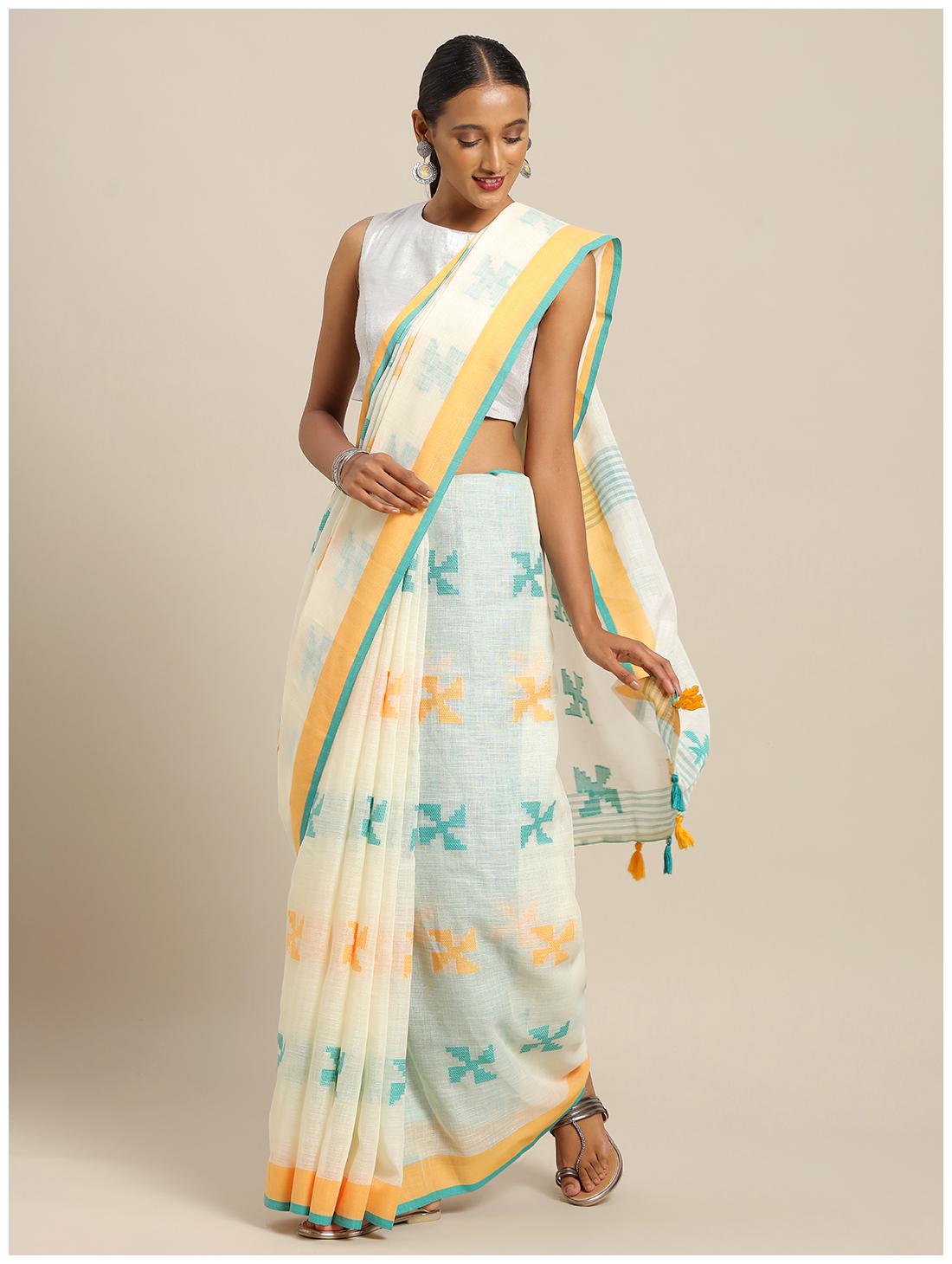 

Sangam Prints Linen Printed White Regular Saree For Women
