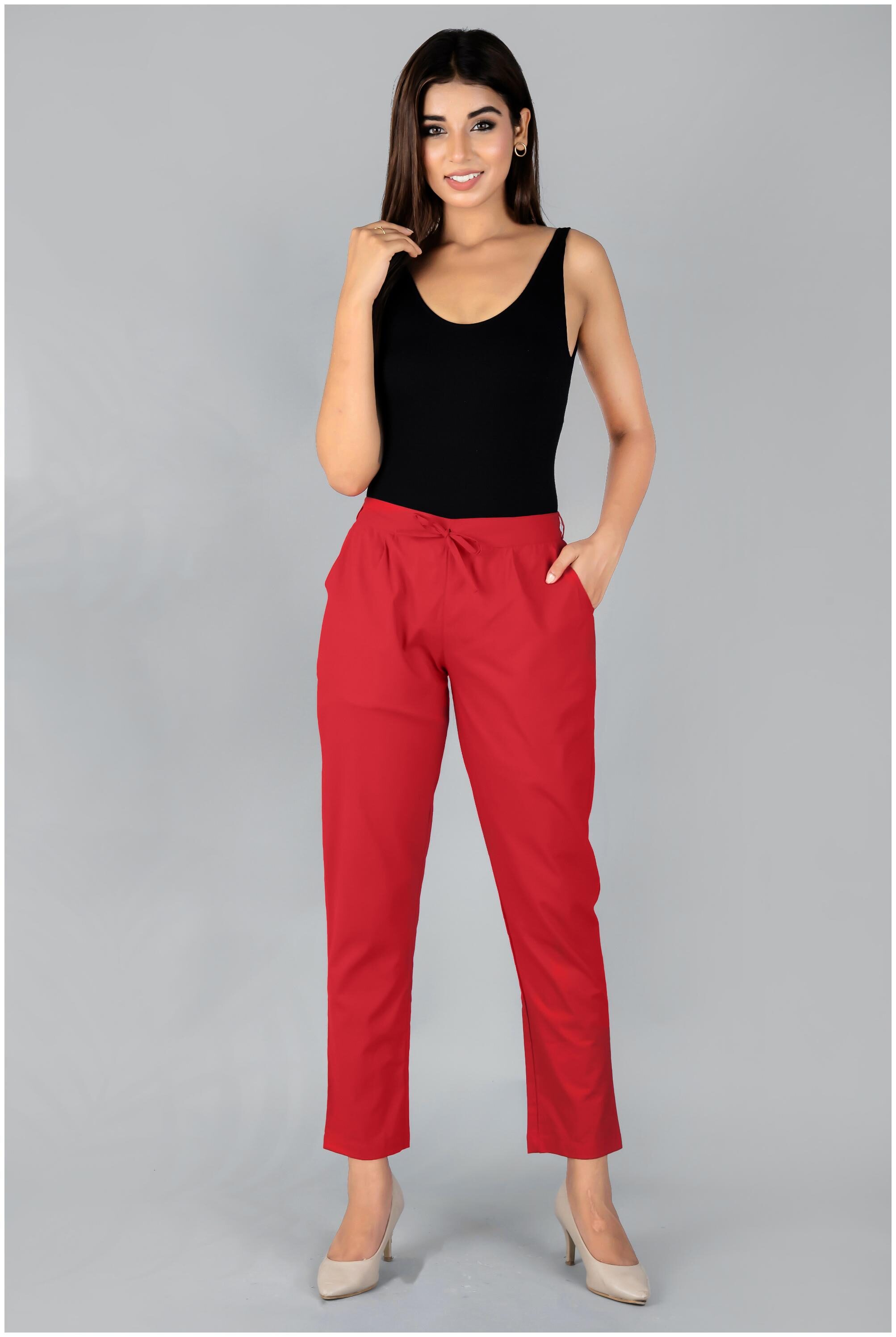 

SANVIYA Womens Solid Cotton Regular Fit Mid Rise Ankle Length Pleated Casual Knot trouser
