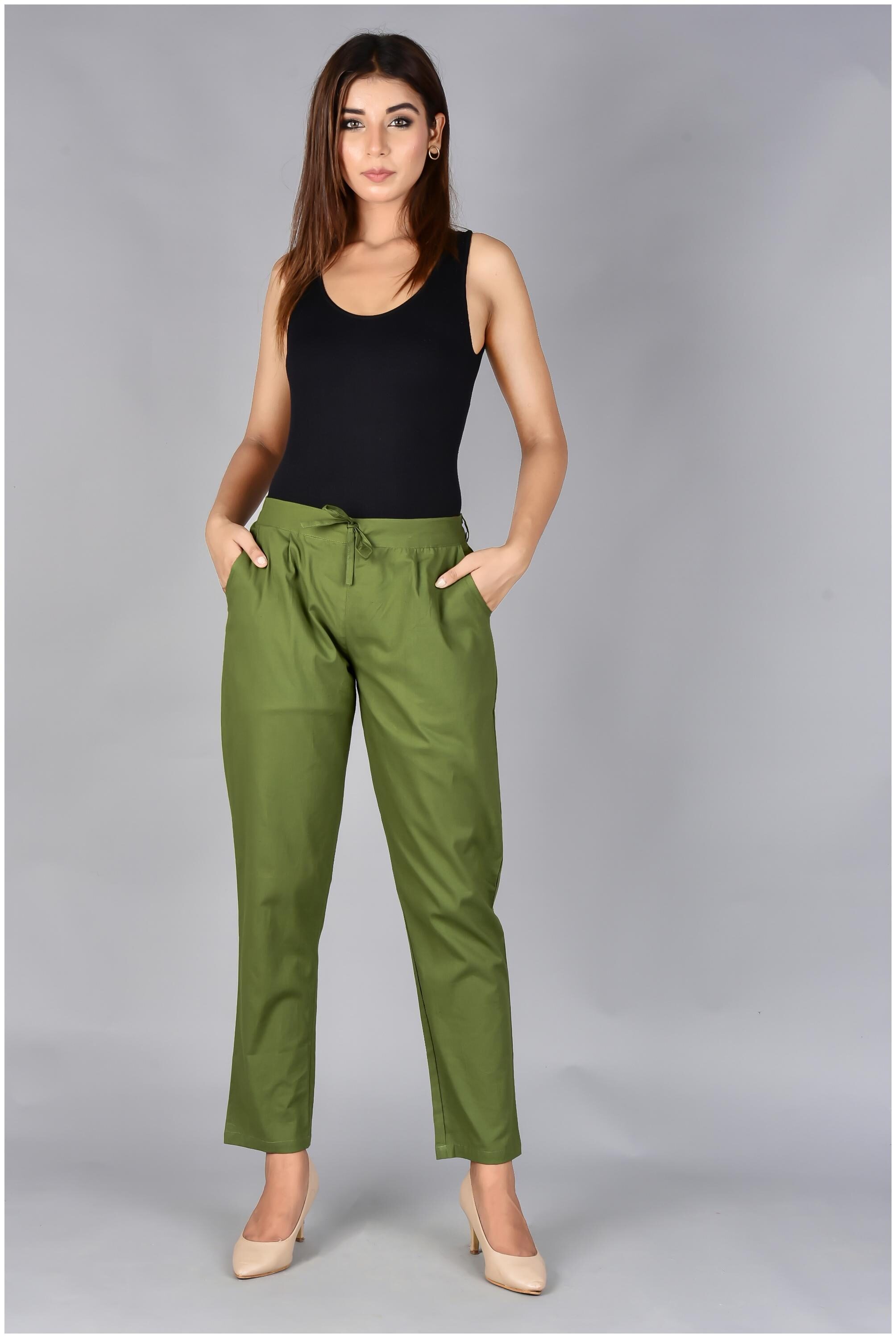 

SANVIYA Womens Solid Cotton Regular Fit Mid Rise Ankle Length Pleated Casual Knot trouser