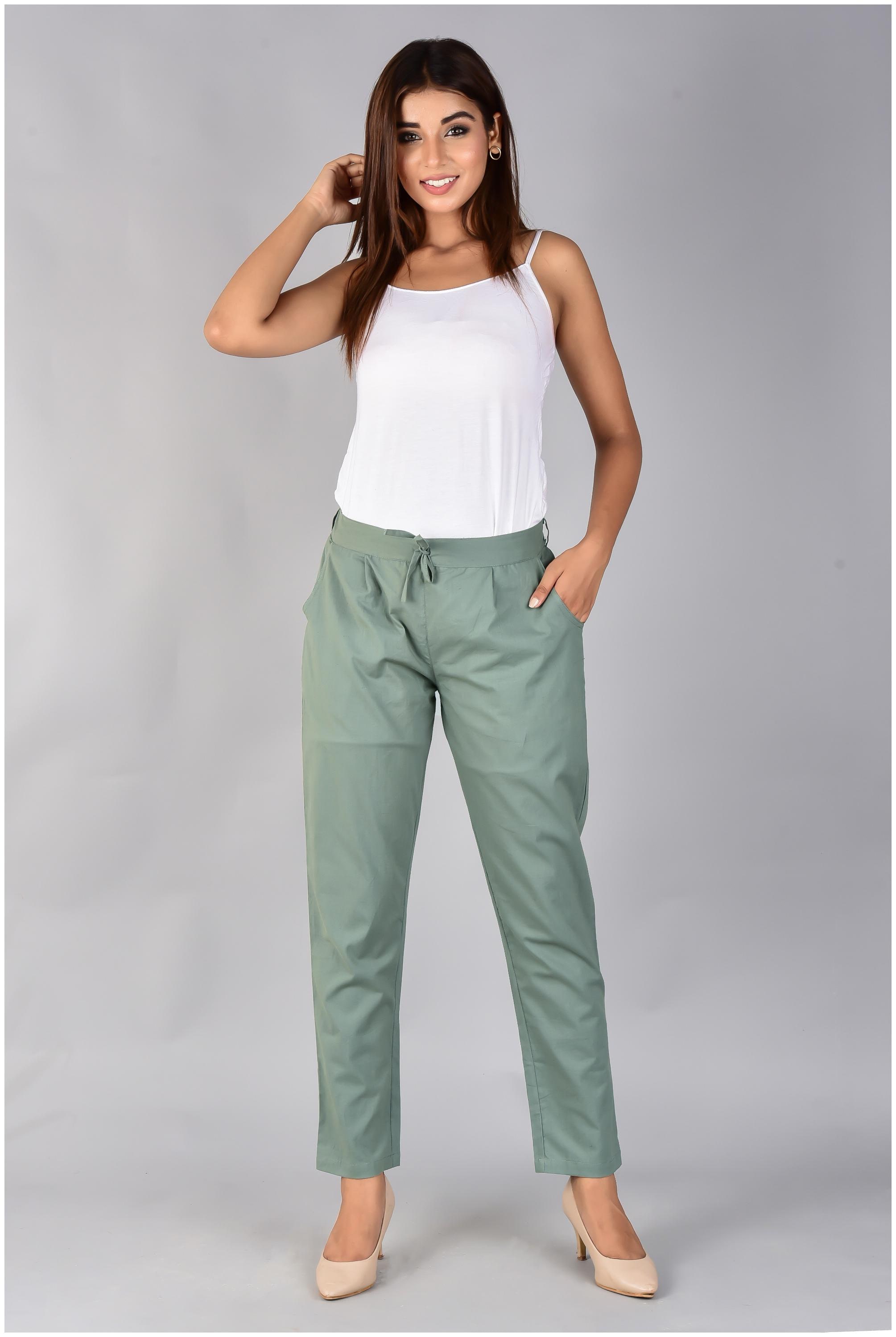 

SANVIYA Womens Solid Cotton Regular Fit Mid Rise Ankle Length Pleated Casual Knot trouser