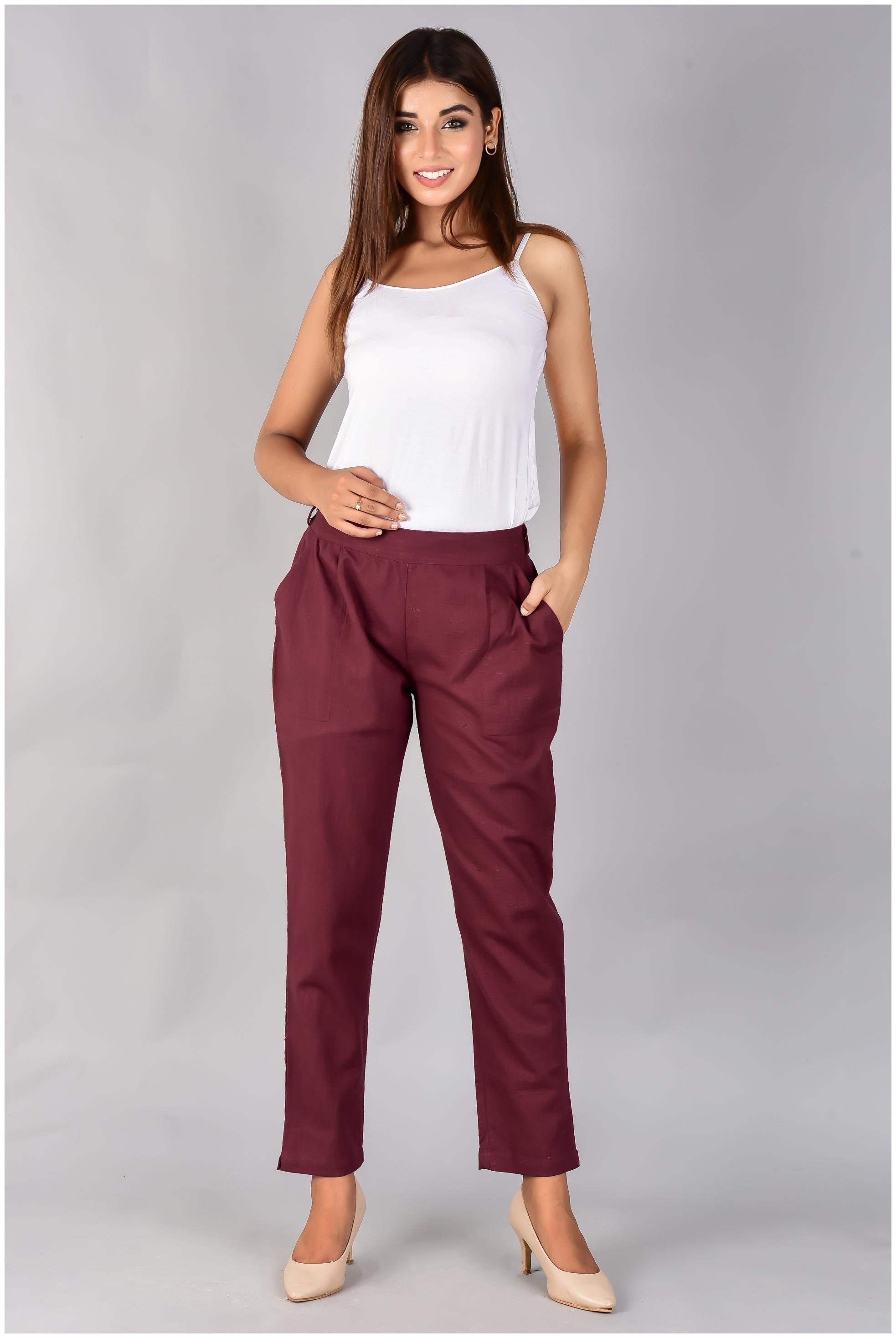 

SANVIYA Womens Solid Cotton Slub Regular Fit Mid Rise Ankle Length Pleated Casual trouser