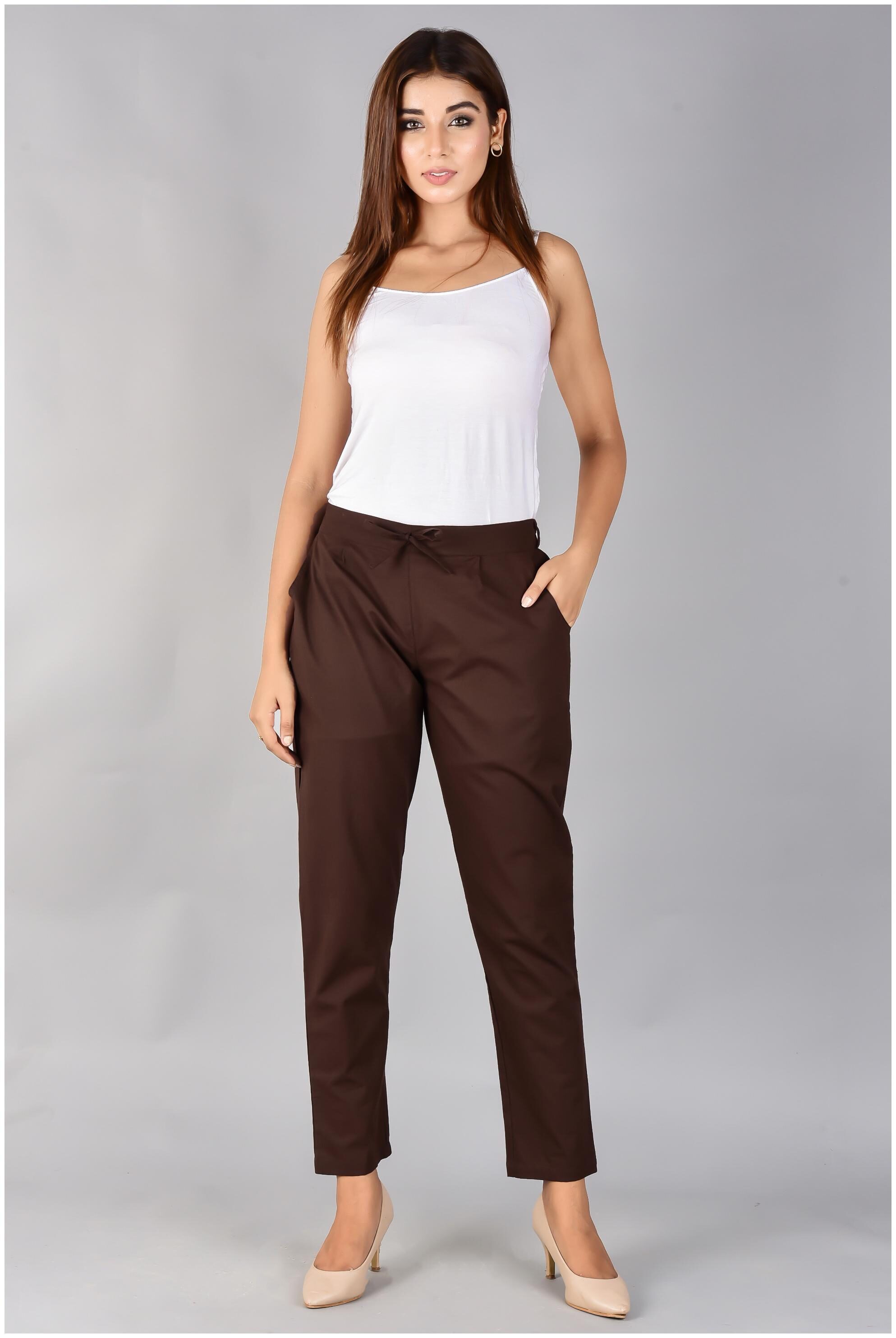 

SANVIYA Womens Solid Cotton Regular Fit Mid Rise Ankle Length Pleated Casual Knot trouser