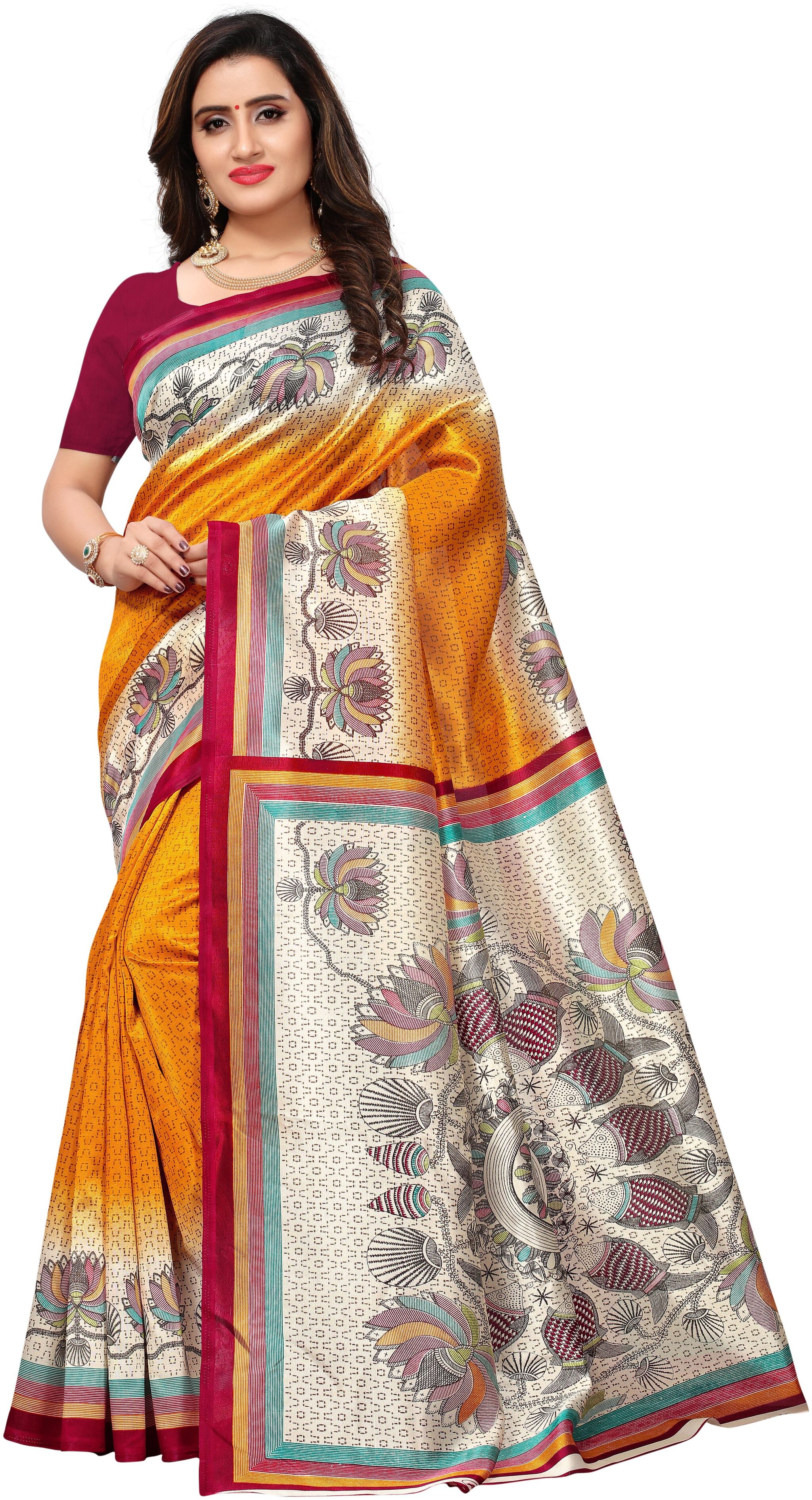 

Saree Mall Art Silk Saree With Unstitched Blouse Orange Grey