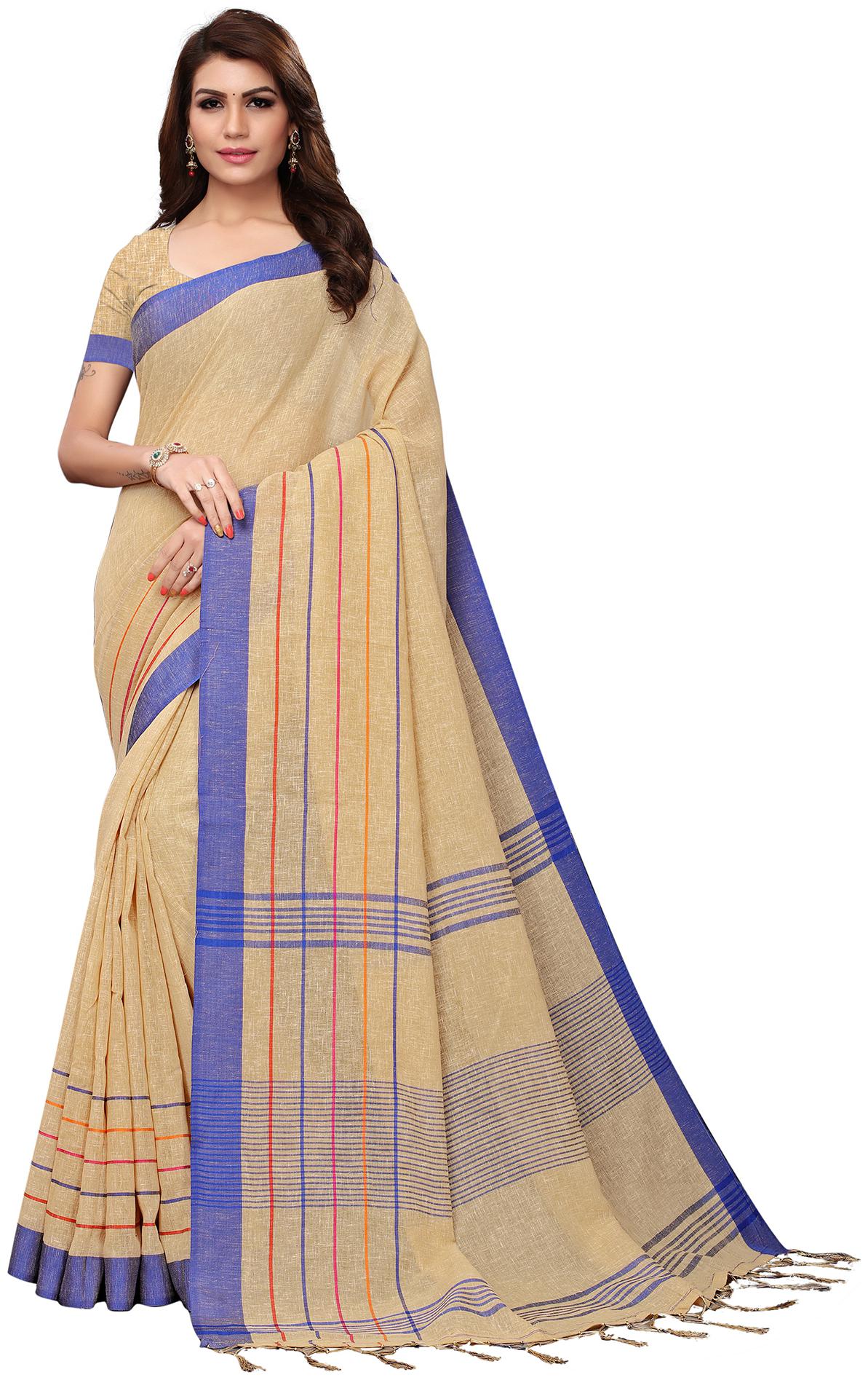 

Saree Mall Beige Party Wear Linen Handloom Solid Saree With Unstitched Blouse