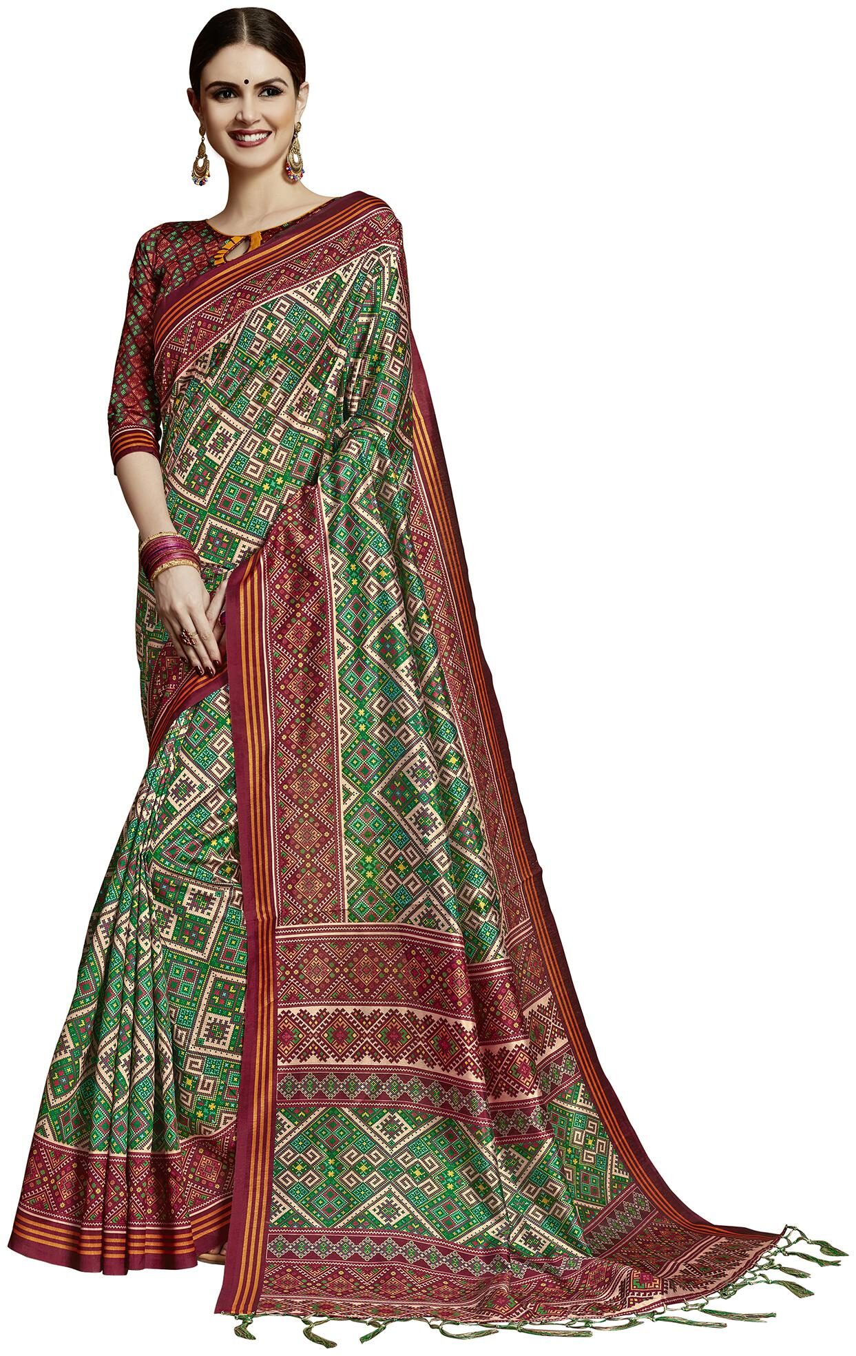 

Saree Mall Green Festive Wear Patola Silk Patola Saree With Unstitched Blouse