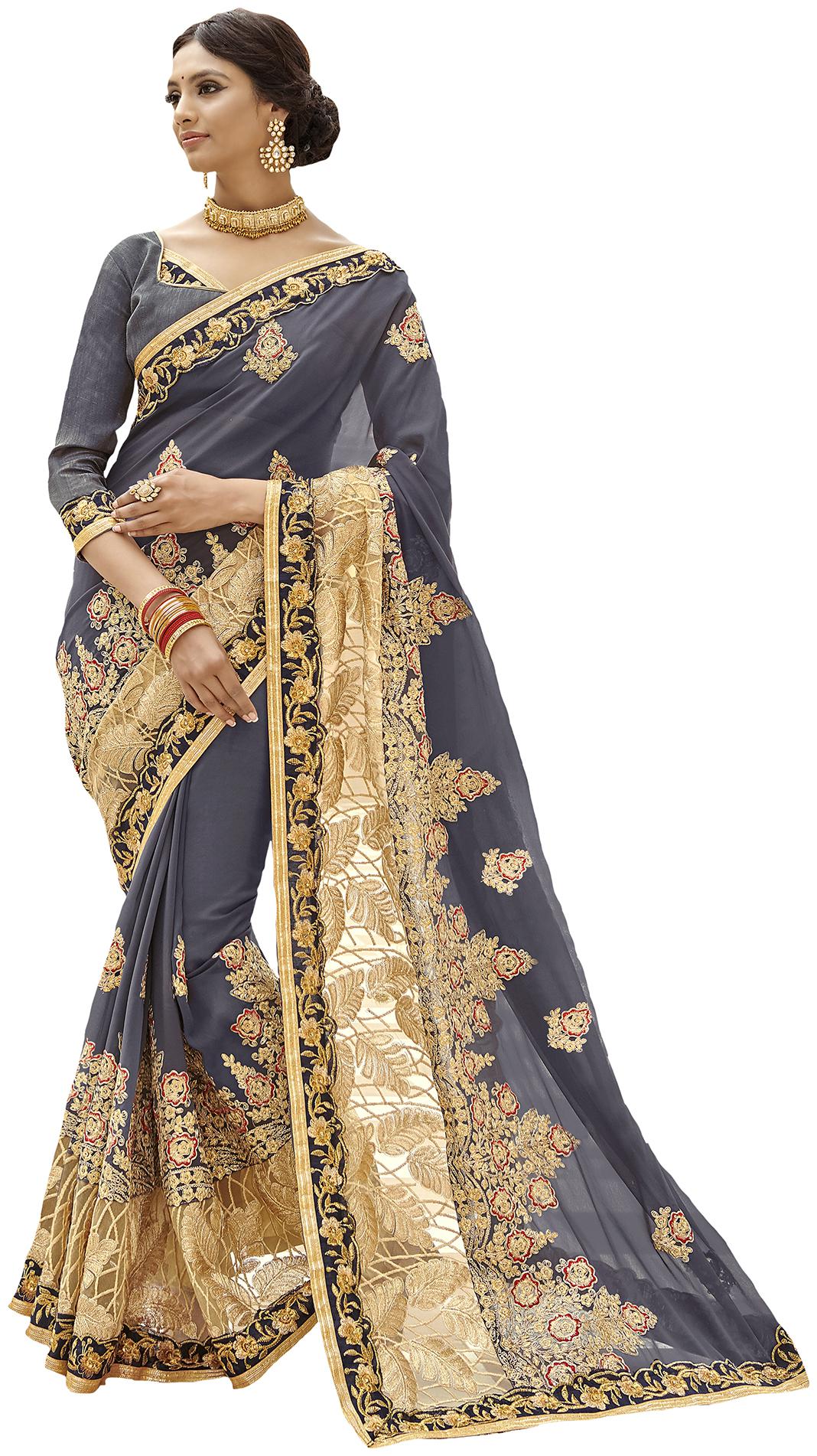 

Saree Mall Grey Festive Wear Georgette Embroidered Saree With Unstitched Blouse