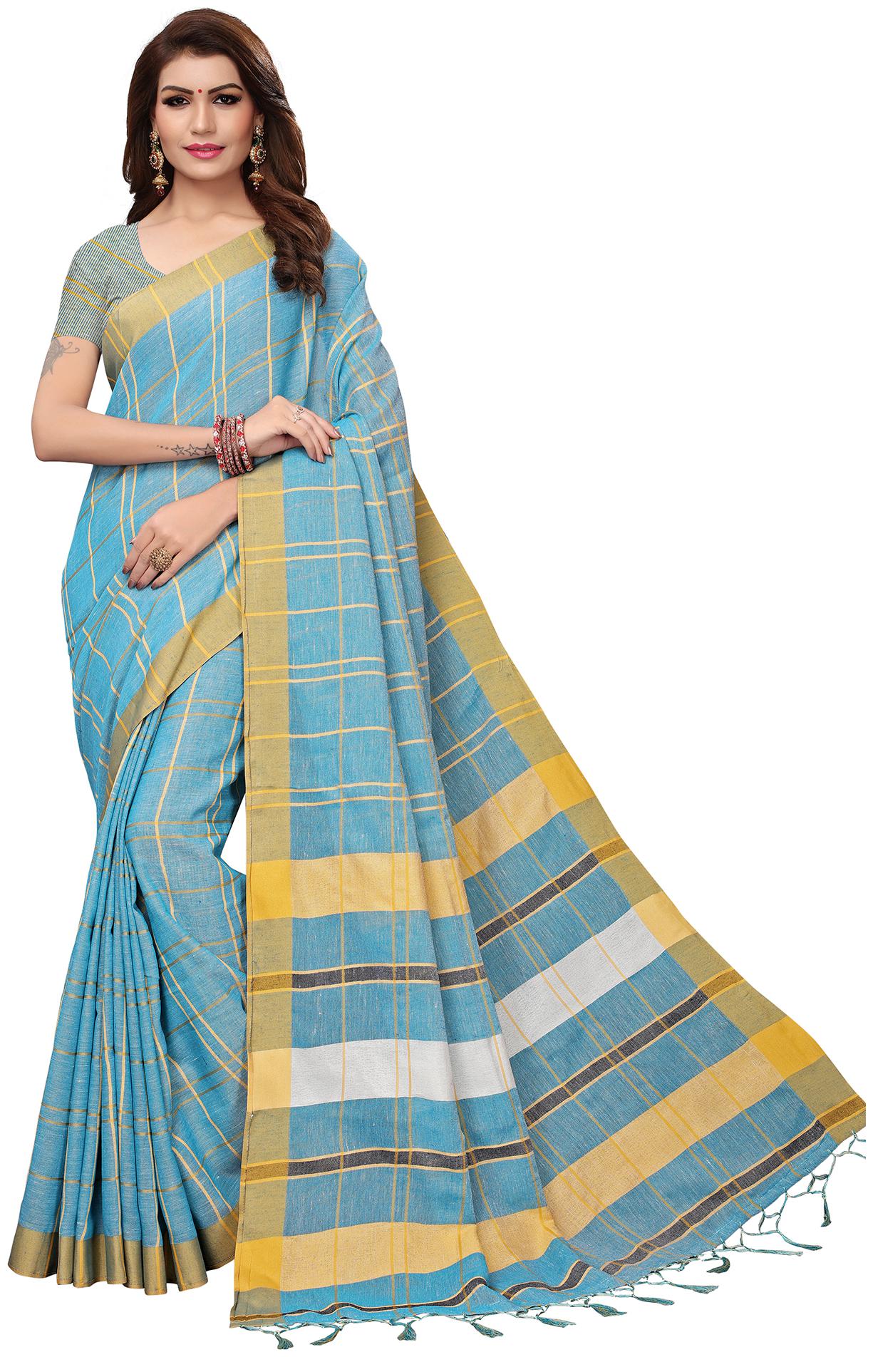 

Saree Mall Light Blue Party Wear Pure Linen Handloom Solid Saree With Unstitched Blouse