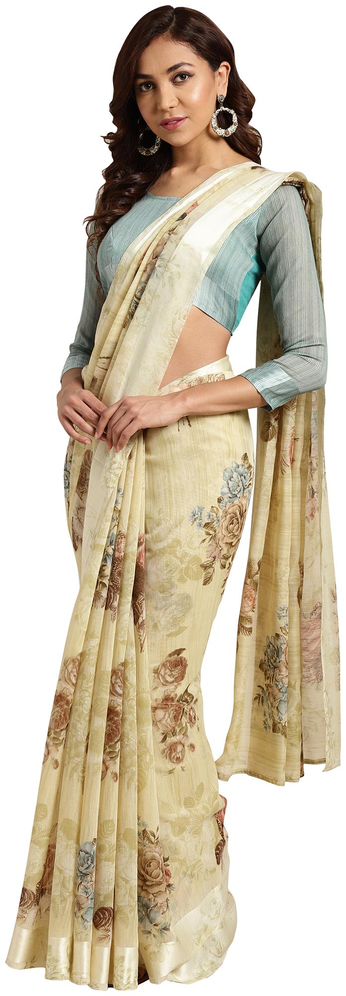 

Saree Mall Linen Casual Designer Saree With Blouse Green
