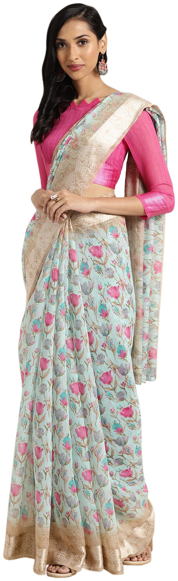 

Saree Mall Green Floral Universal Designer Saree With Blouse With blouse