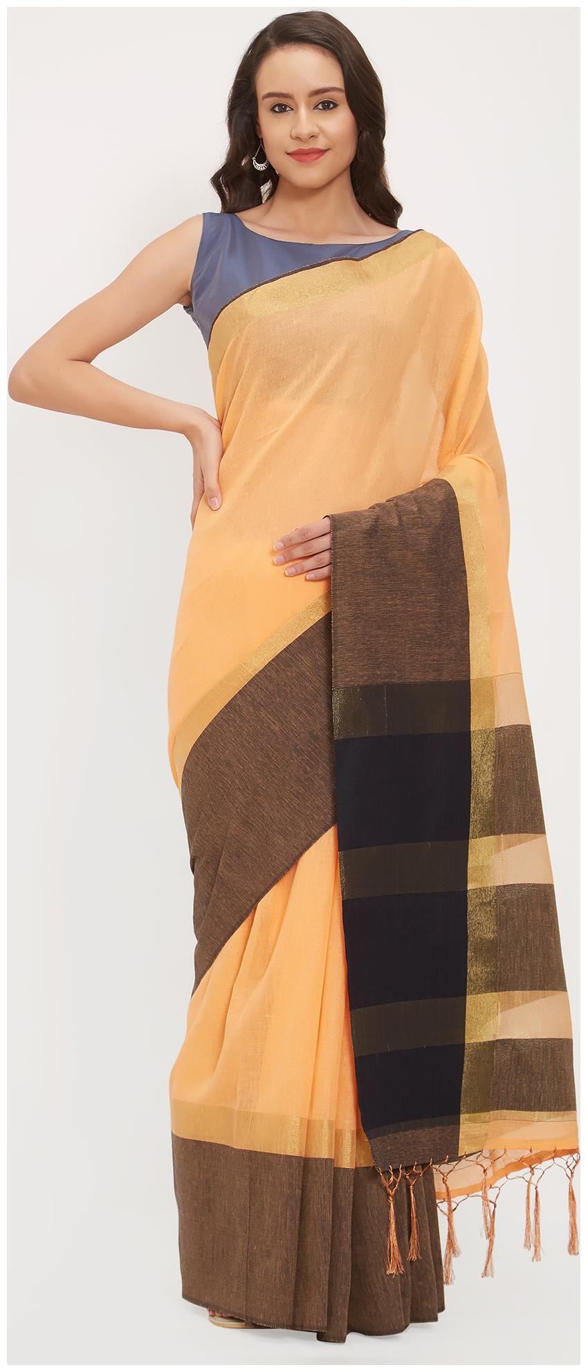 

Saree Mall Orange Party Wear Linen HandloomSolid Saree With Unstitched Blouse