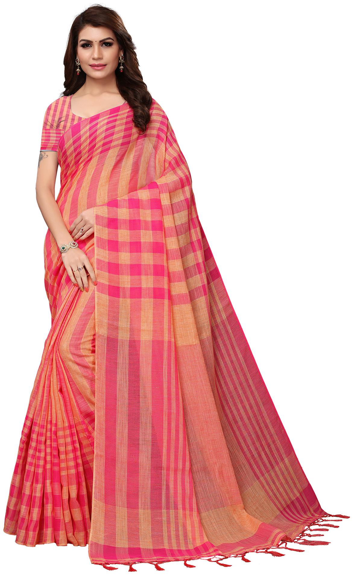 

Saree Mall Peach Pink Party Wear Linen Handloom Solid Saree With Unstitched Blouse