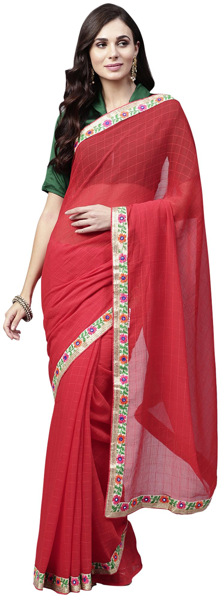 

Saree Mall Red Festive Wear Georgette Embellished Saree With Unstitched Blouse