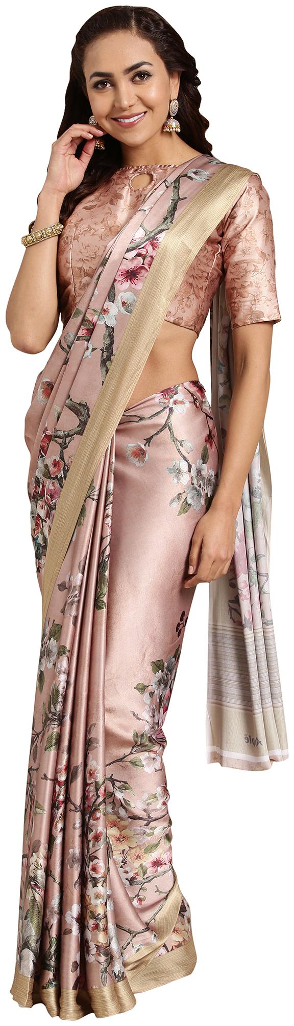 

Saree Mall Brown Floral Universal Designer Saree With Blouse With blouse