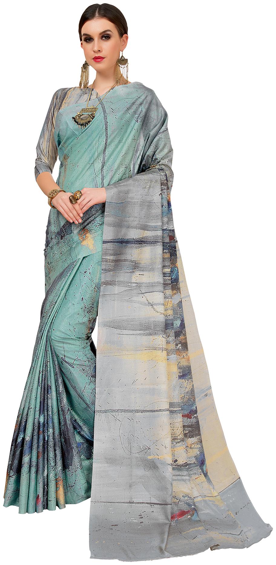 

Saree Mall Sea Green Grey Party Wear Art Silk Digital Print Saree With Unstitched Blouse