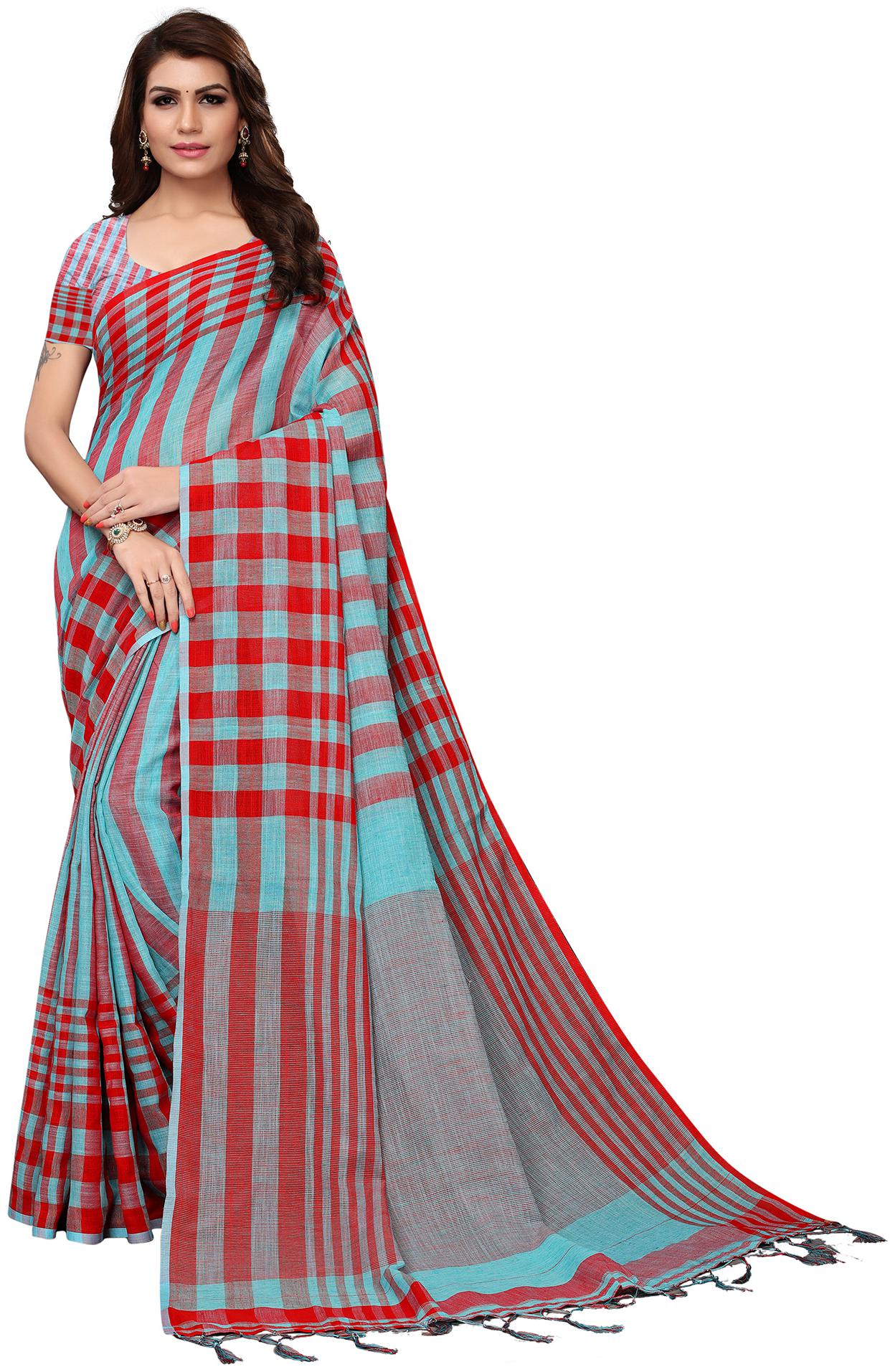 

Saree Mall Sky Blue Red Party Wear Linen Handloom Solid Saree With Unstitched Blouse