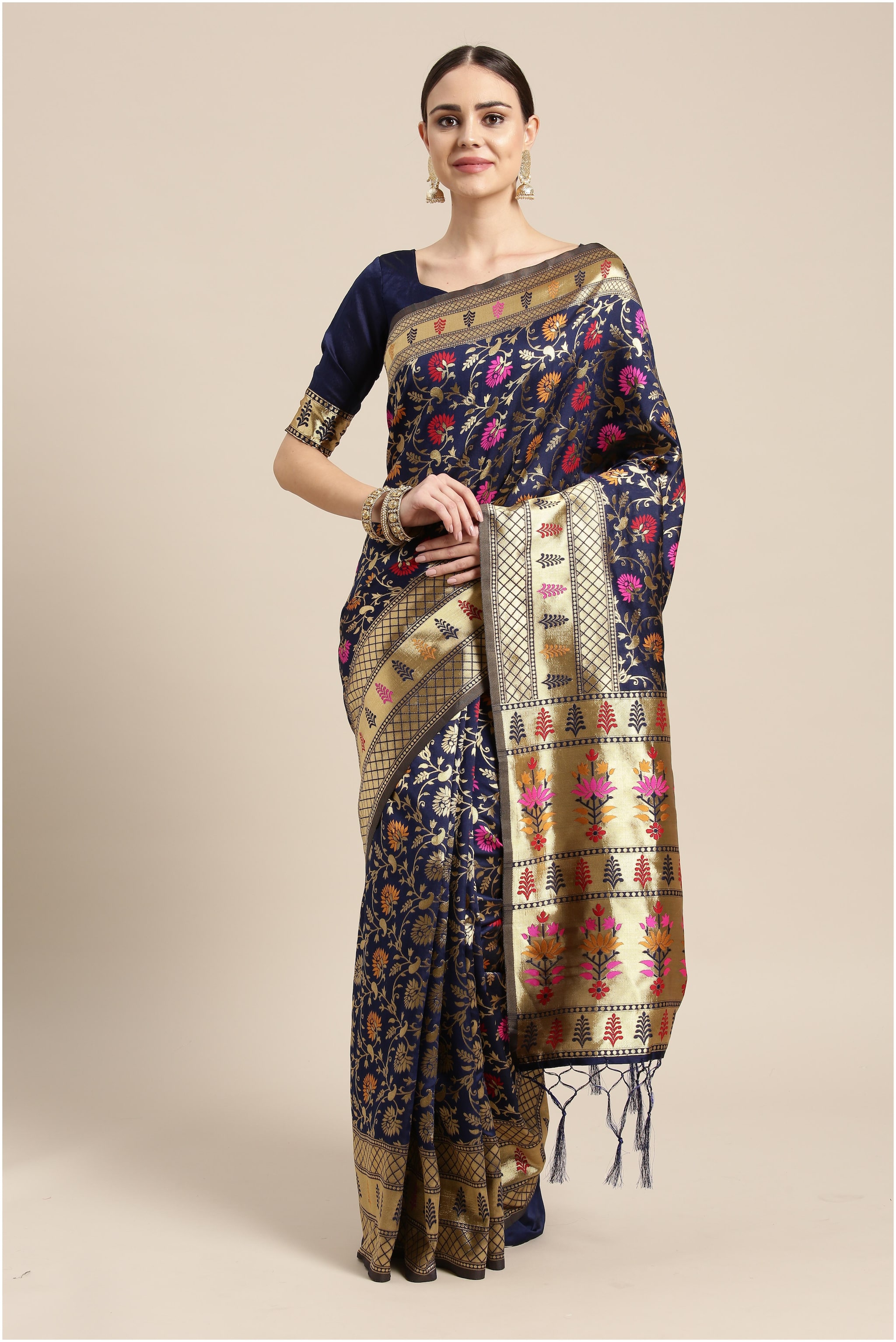 

Saree Mall Women Silk Woven Navy Blue Designer Saree With Blouse
