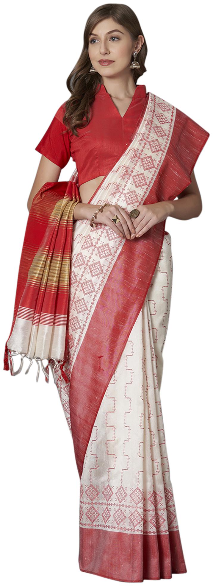 

Saree Mall White Festive Wear Linen Blend Pooja Saree Saree With Unstitched Blouse