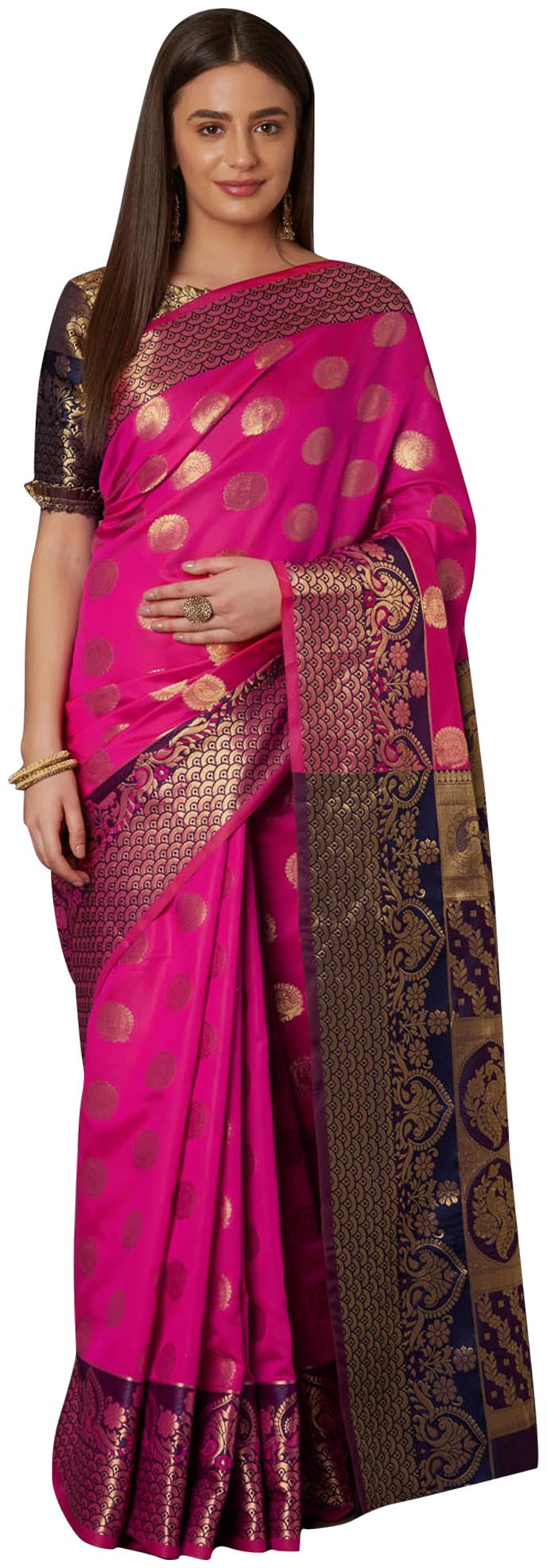 

Saree Mall Women Silk Zari Work Saree With Unstitched Blouse (Pink)