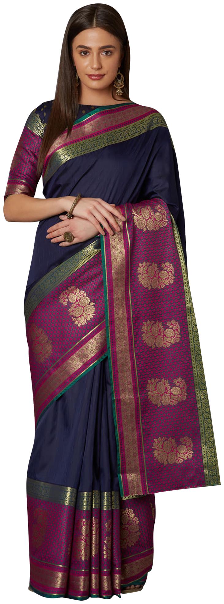 

Saree Mall Women Silk Zari Work Saree With Unstitched Blouse (Blue)