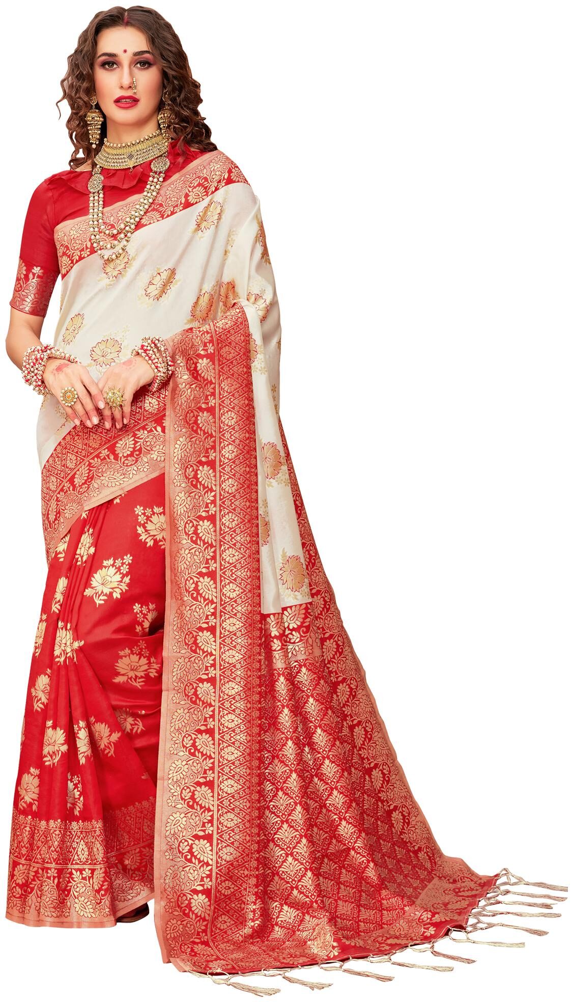 

Saree Mall Women Silk Zari Work Saree With Unstitched Blouse (Cream Red)