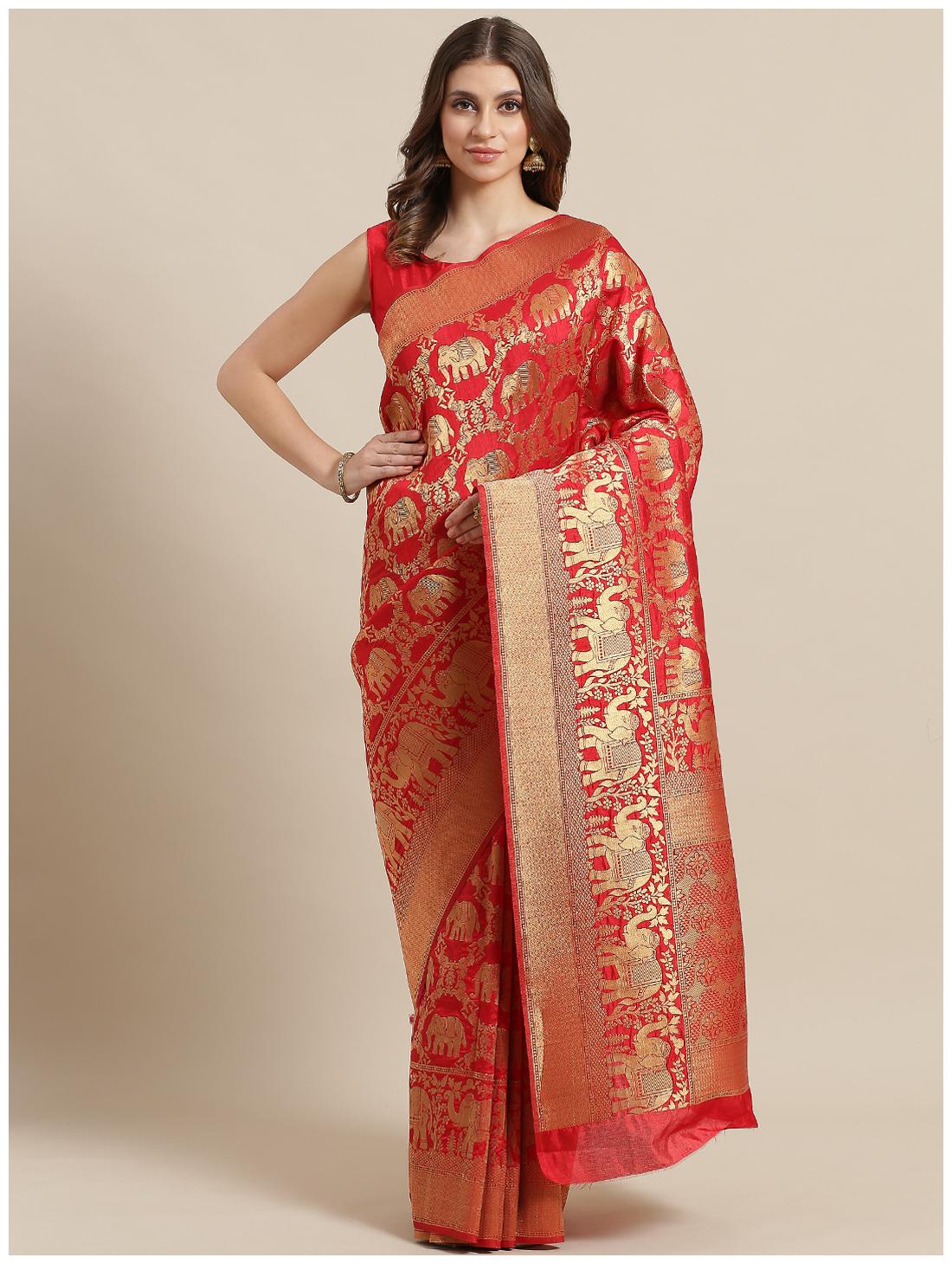 

Saree Mall Women Silk Woven Red Designer Saree With Blouse