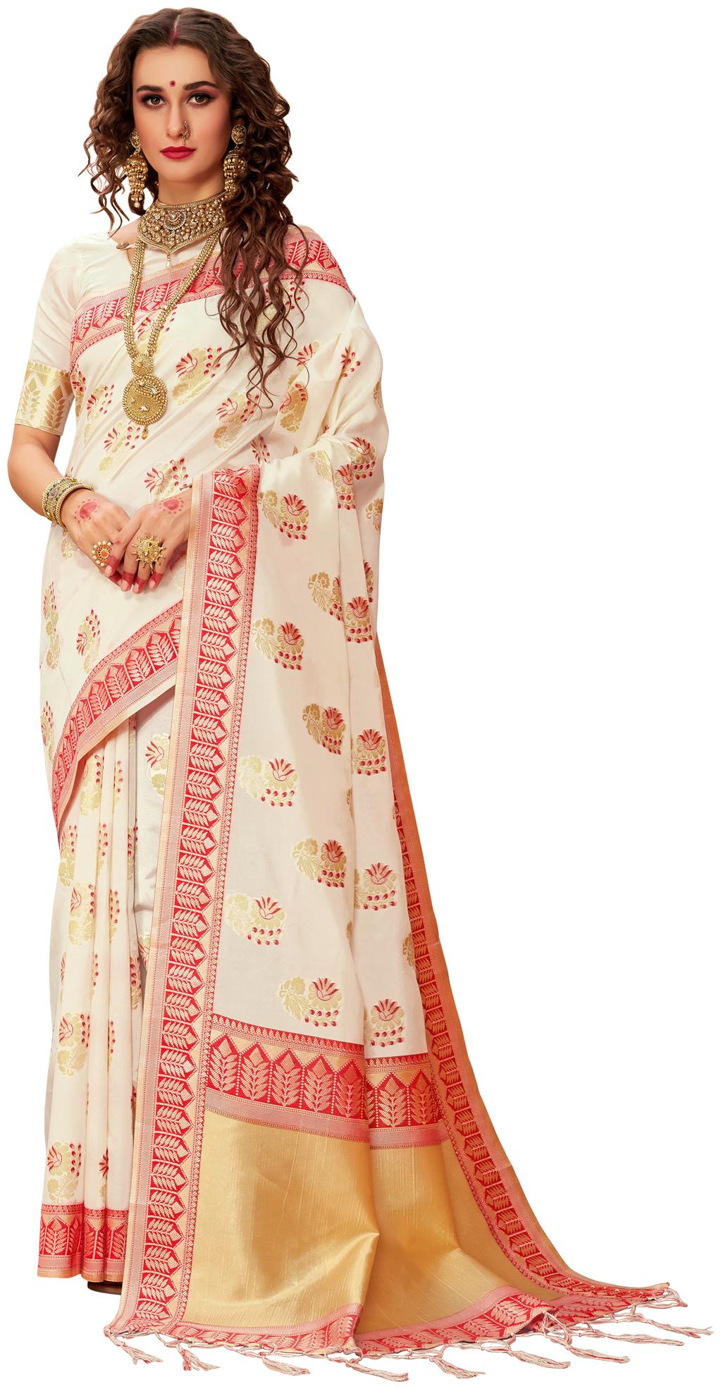 

Saree Mall Women Silk Zari Work Saree With Unstitched Blouse (Cream)