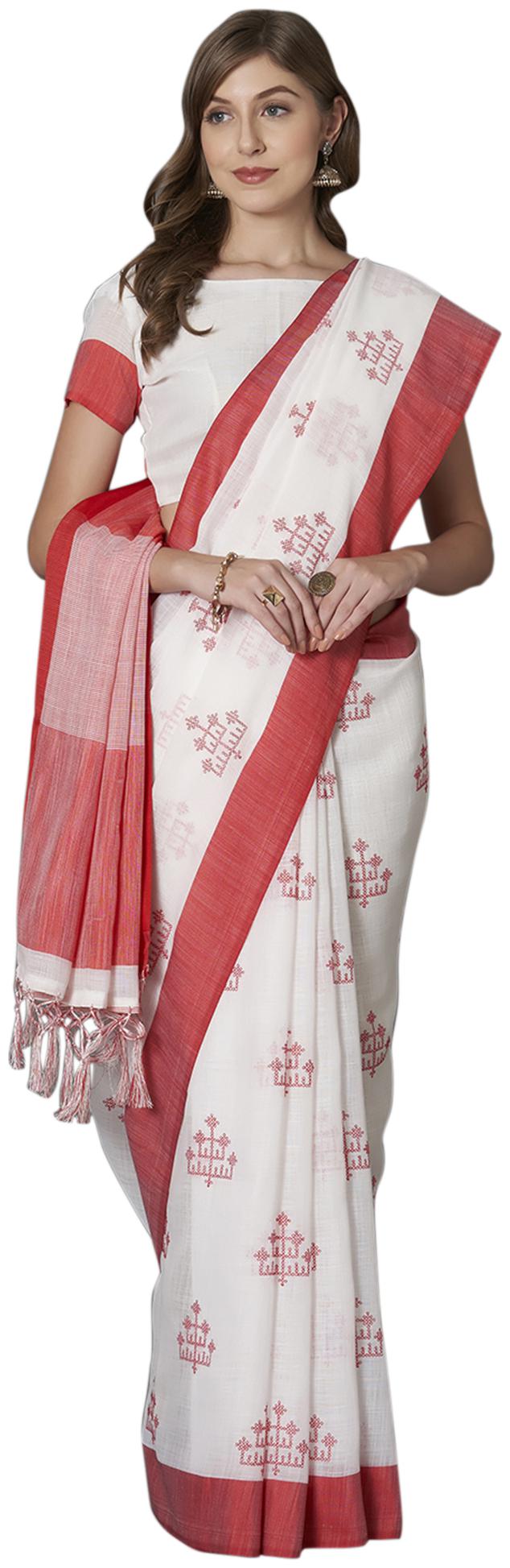 

Saree Mall White Festive Wear Linen Blend Pooja Saree Saree With Unstitched Blouse