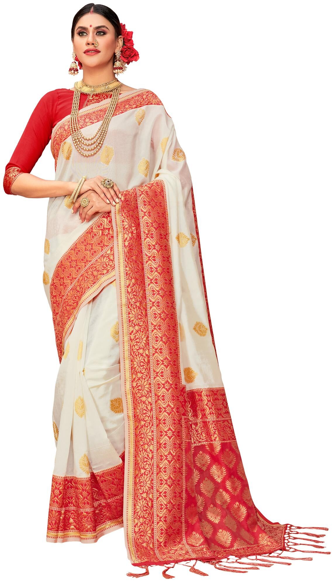 

Saree Mall Women Silk Zari Work Saree With Unstitched Blouse (Cream Red)