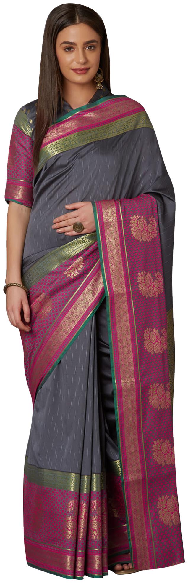 

Saree Mall Women Silk Zari Work Saree With Unstitched Blouse (Grey)
