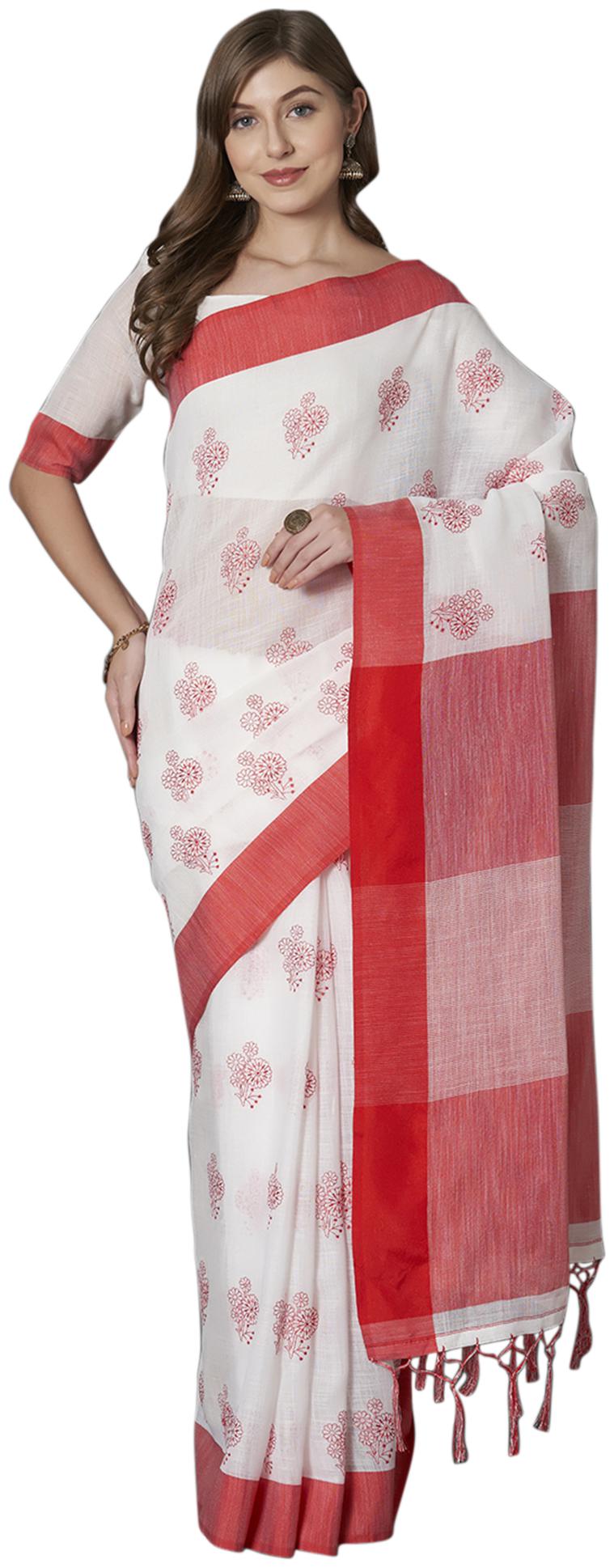 

Saree Mall White Festive Wear Linen Blend Pooja Saree Saree With Unstitched Blouse