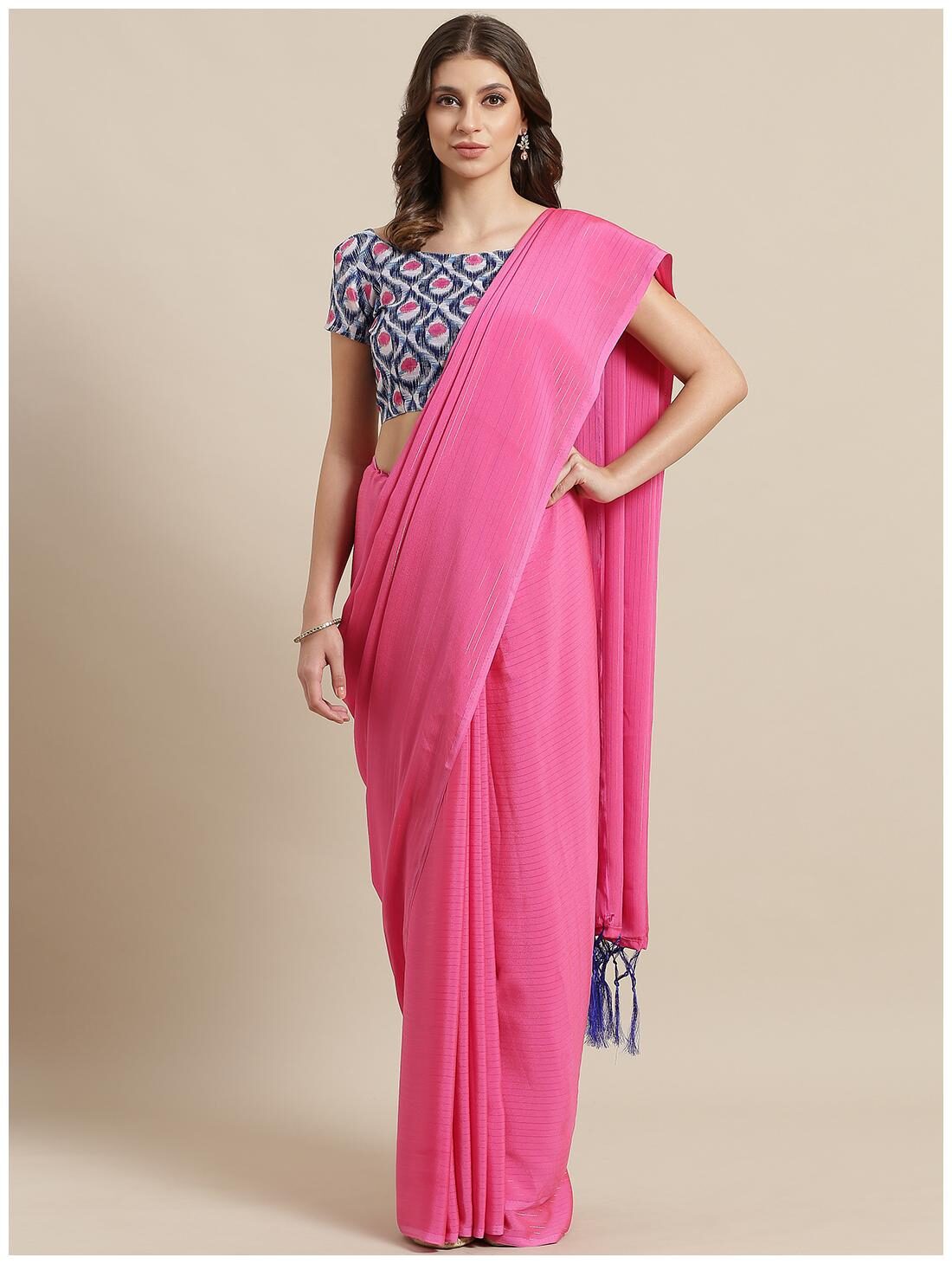 

Saree Mall Women Georgette Striped Pink Designer Saree With Blouse