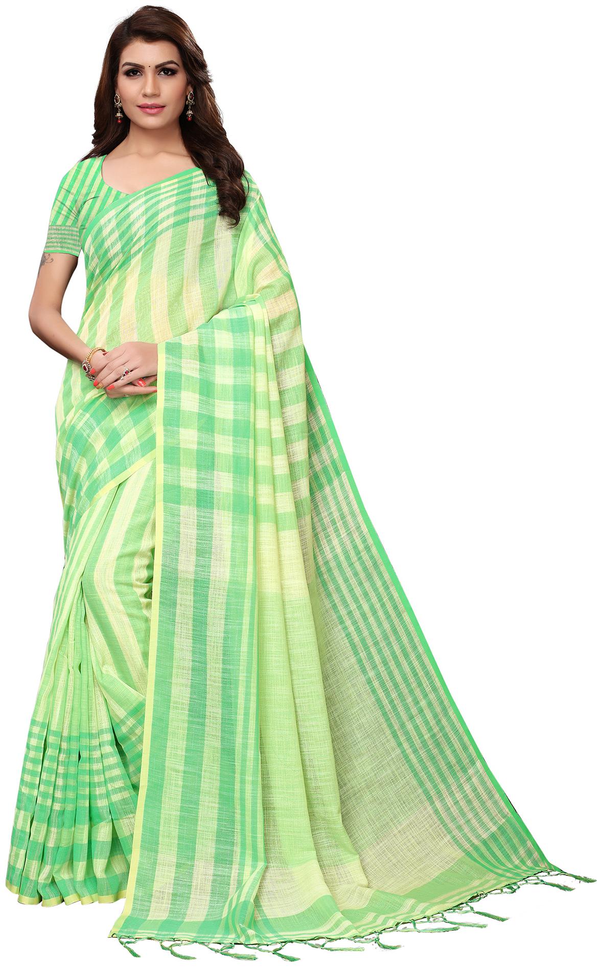 

Saree Mall Yellow Light Green Party Wear Linen Handloom Solid Saree With Unstitched Blouse