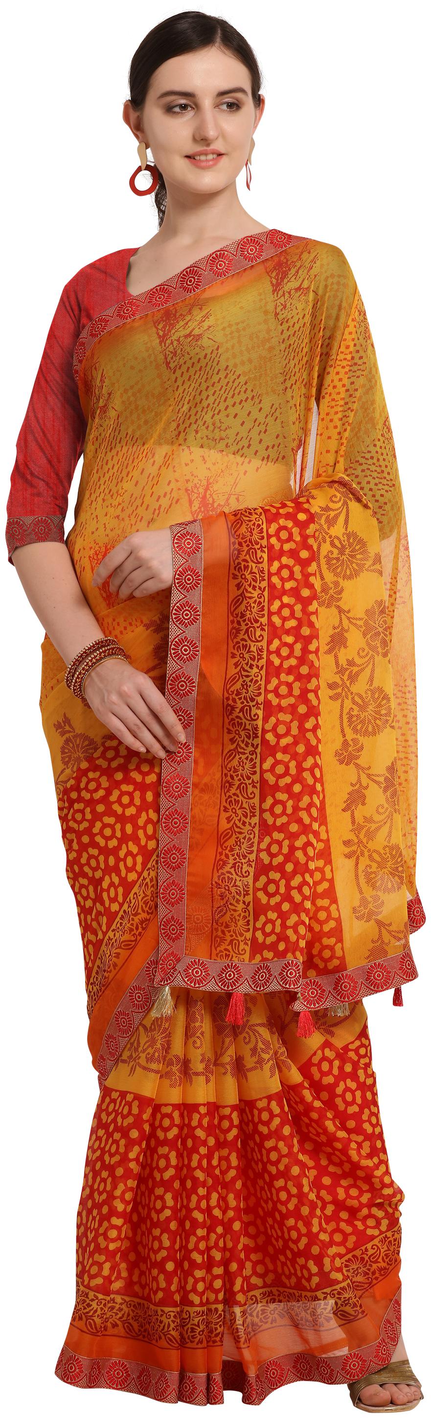 

Saree Nx Chiffon Saree Banglori Blouse Zari Border With Tassels Yellow