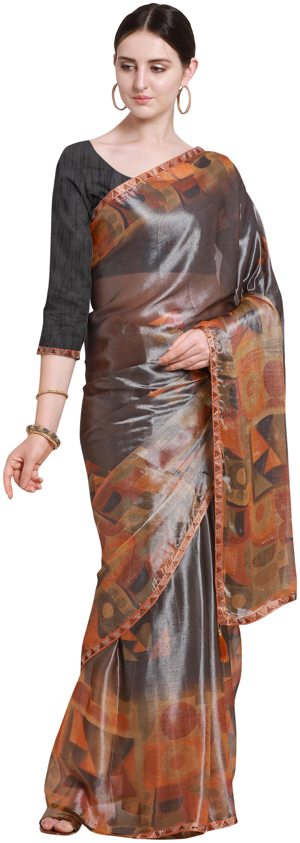 

Saree Nx Printed Brasso Saree Stone Work On Border Banglori Fabric Blouse Charcol Grey Color