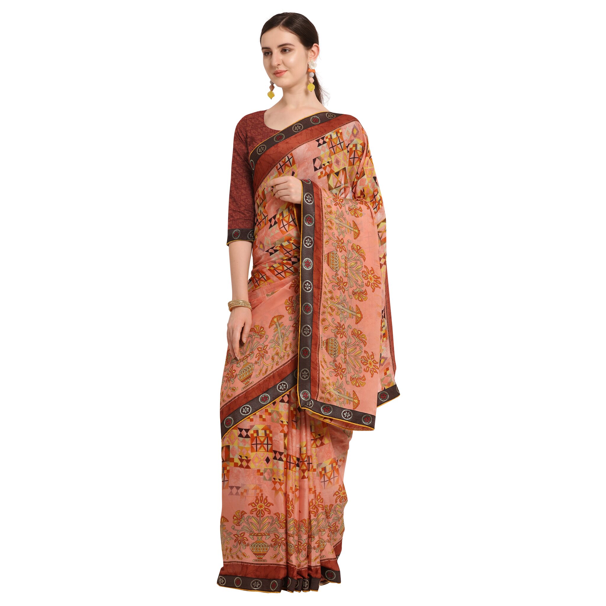 

Saree Nx Masakali Printed Saree Embroidery Border Tomato Color With Blouse(Unstitched)