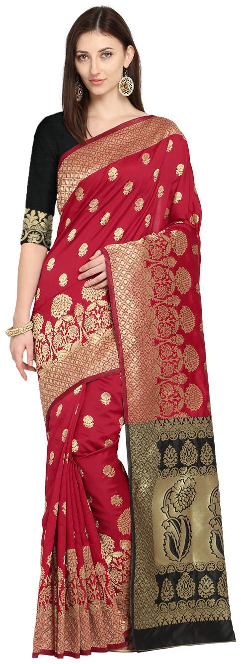 

Saree Swarg Red Gold-Toned Silk Blend Woven Design Kanjeevaram Saree
