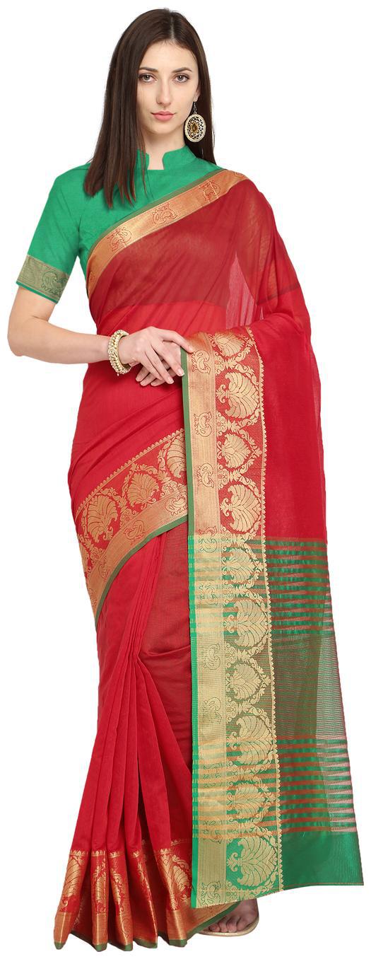 

Saree Swarg Red Cotton Blend Solid Banarasi Saree