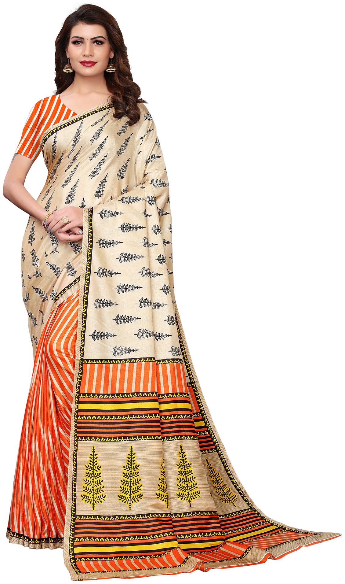 

Sareemall Beige Orange Casual Art Silk Printed Saree With Unstitched Blouse