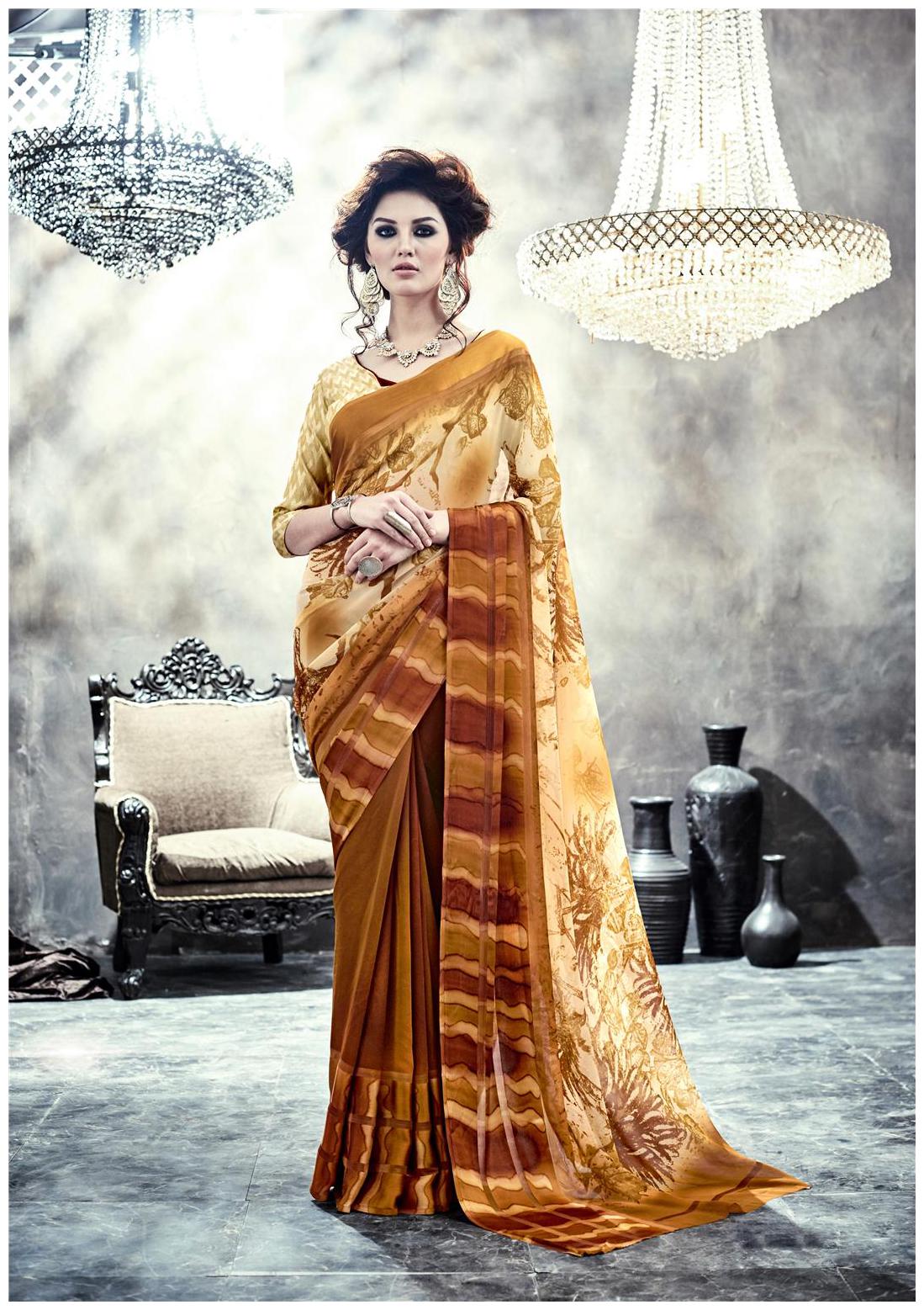 

Sareemall Beige Georgette With 3D Satin Patta Saree with Jequard silk Unstitched Blouse
