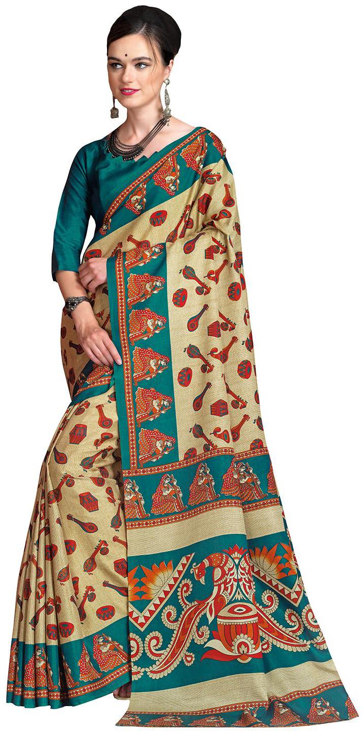 

Sareemall Beige Party Wear Art Silk Kalamkari Saree With Unstitched Blouse