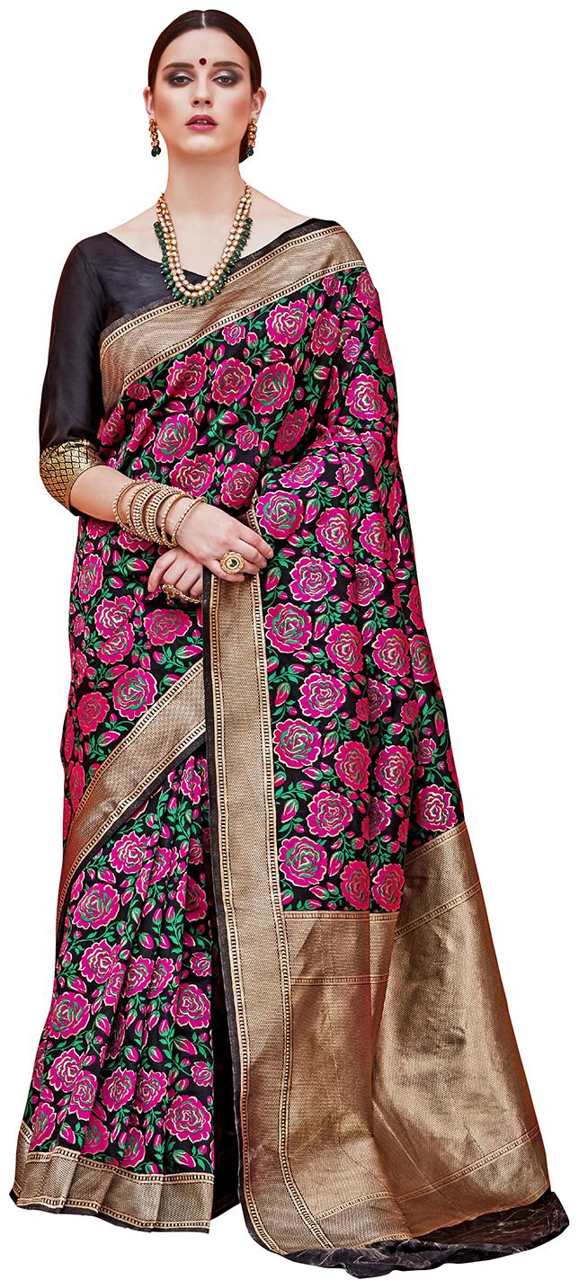 

Sareemall Black Marriage Silk Blend Banarasi Saree With Unstitched Blouse