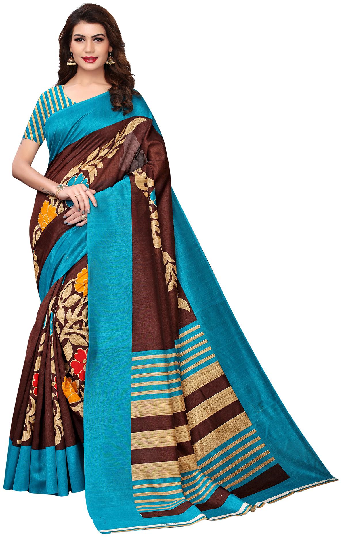 

Sareemall Brown Sky Blue Casual Bhagalpuri Printed Saree With Unstitched Blouse