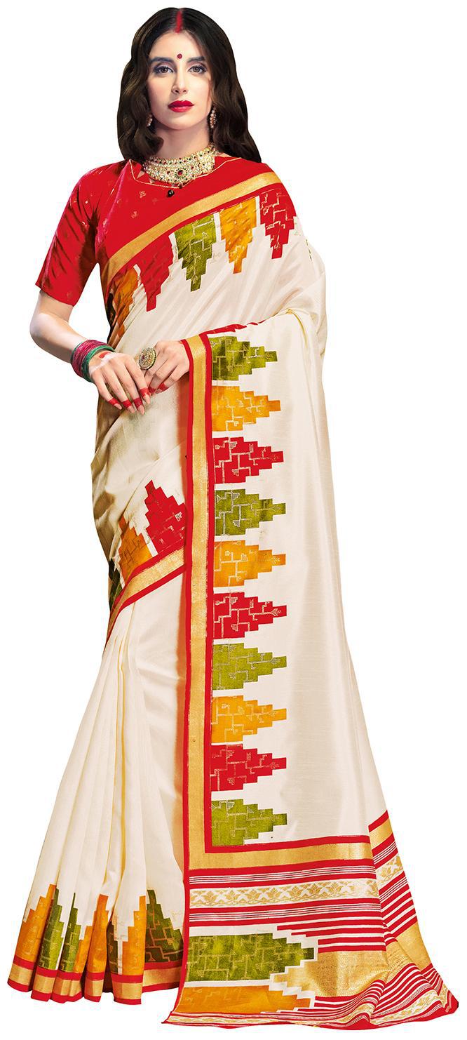 

Sareemall Cream Festive Wear Patola Silk Solid Saree With Unstitched Blouse