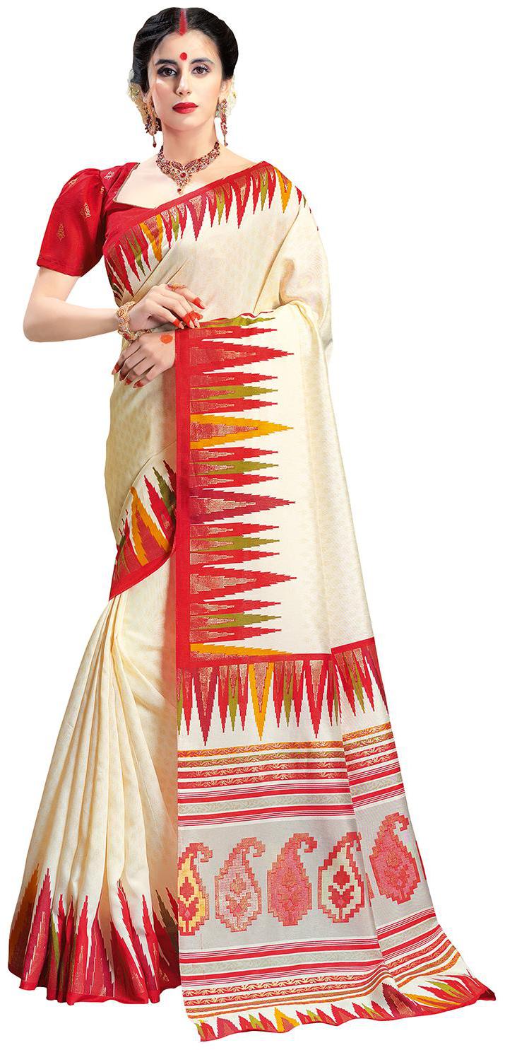 

Sareemall Cream Festive Wear Patola Silk Printed Saree With Unstitched Blouse