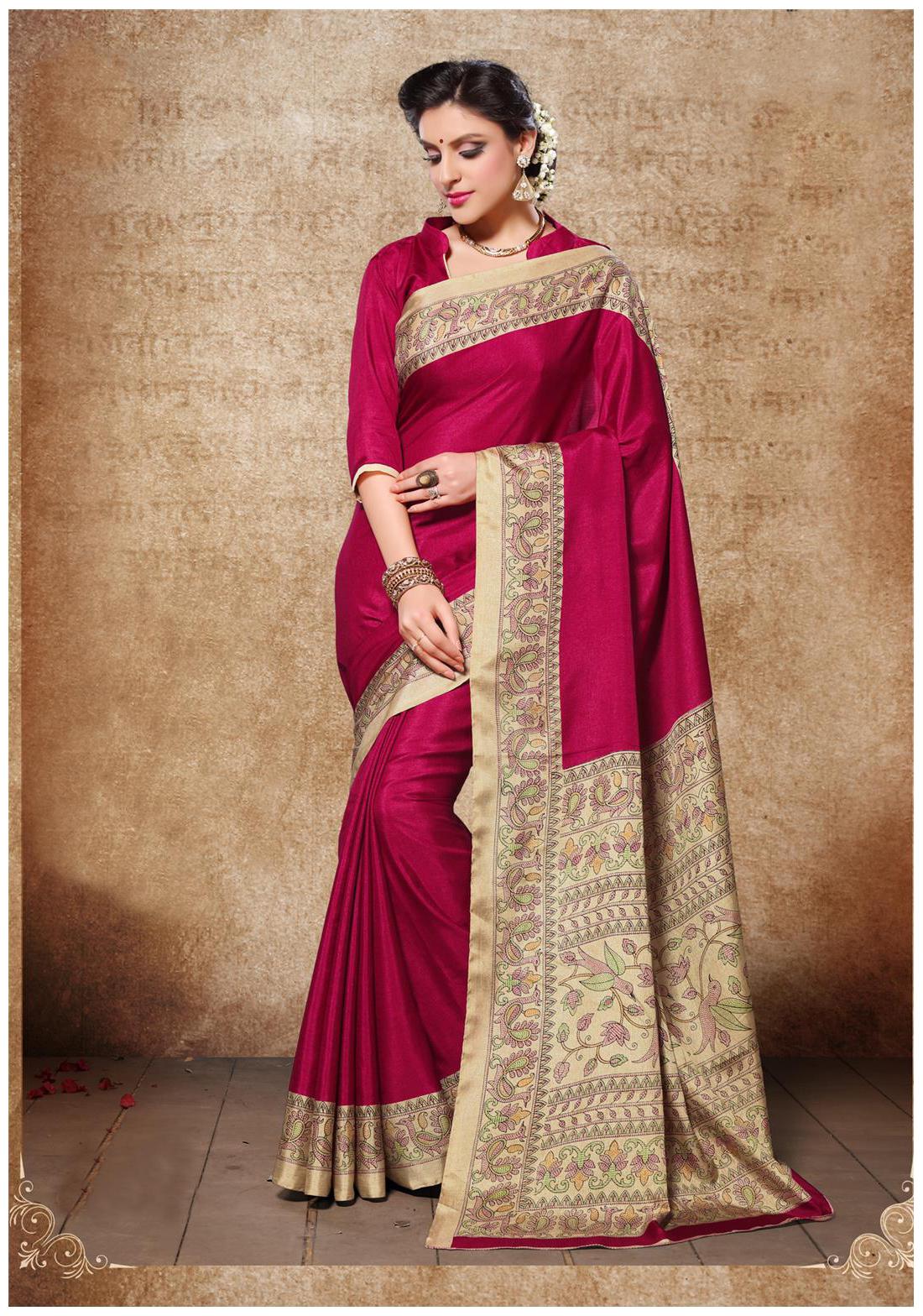 

Sareemall Magenta Manipuri Silk Printed Saree With Unsitiched Blouse