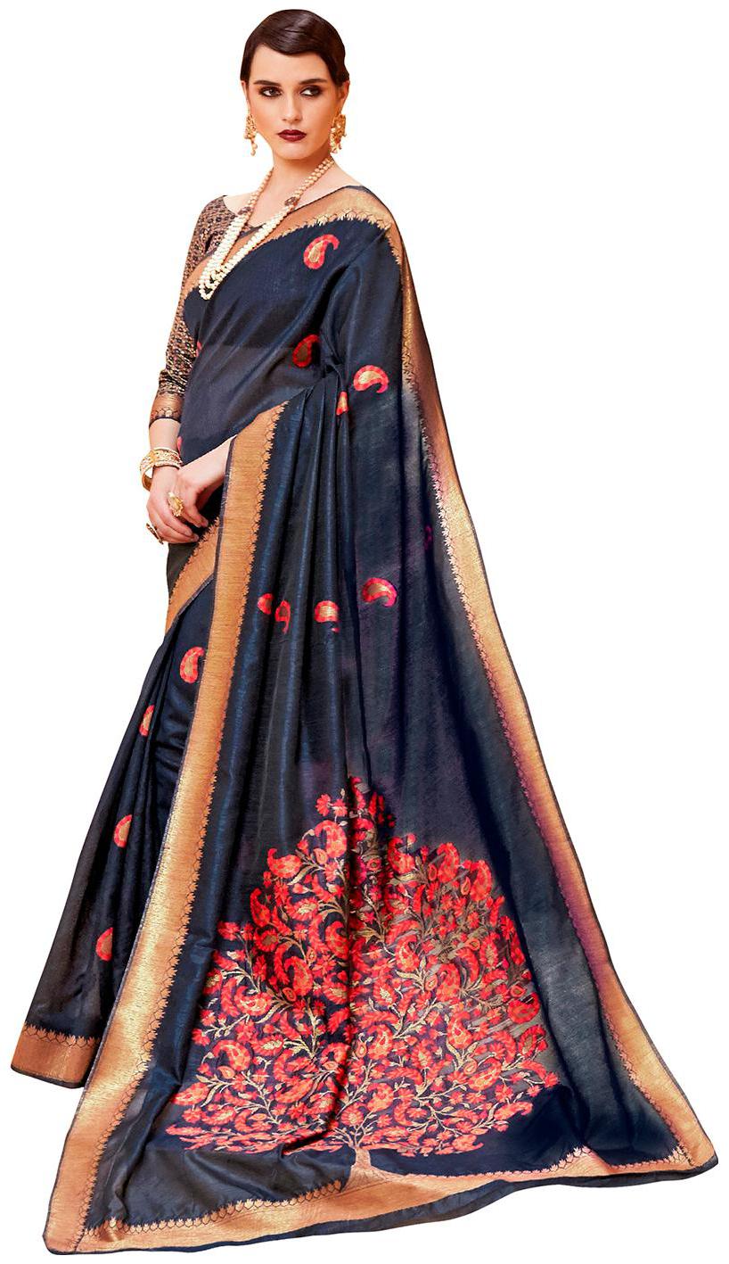 

Sareemall Navy Blue Party Wear Silk Blend Banarasi Saree With Unstitched Blouse