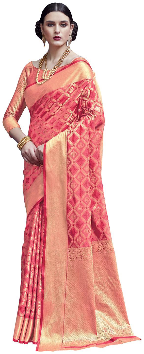

Saree Mall Pink Woven Banarasi Designer Saree With Blouse With blouse