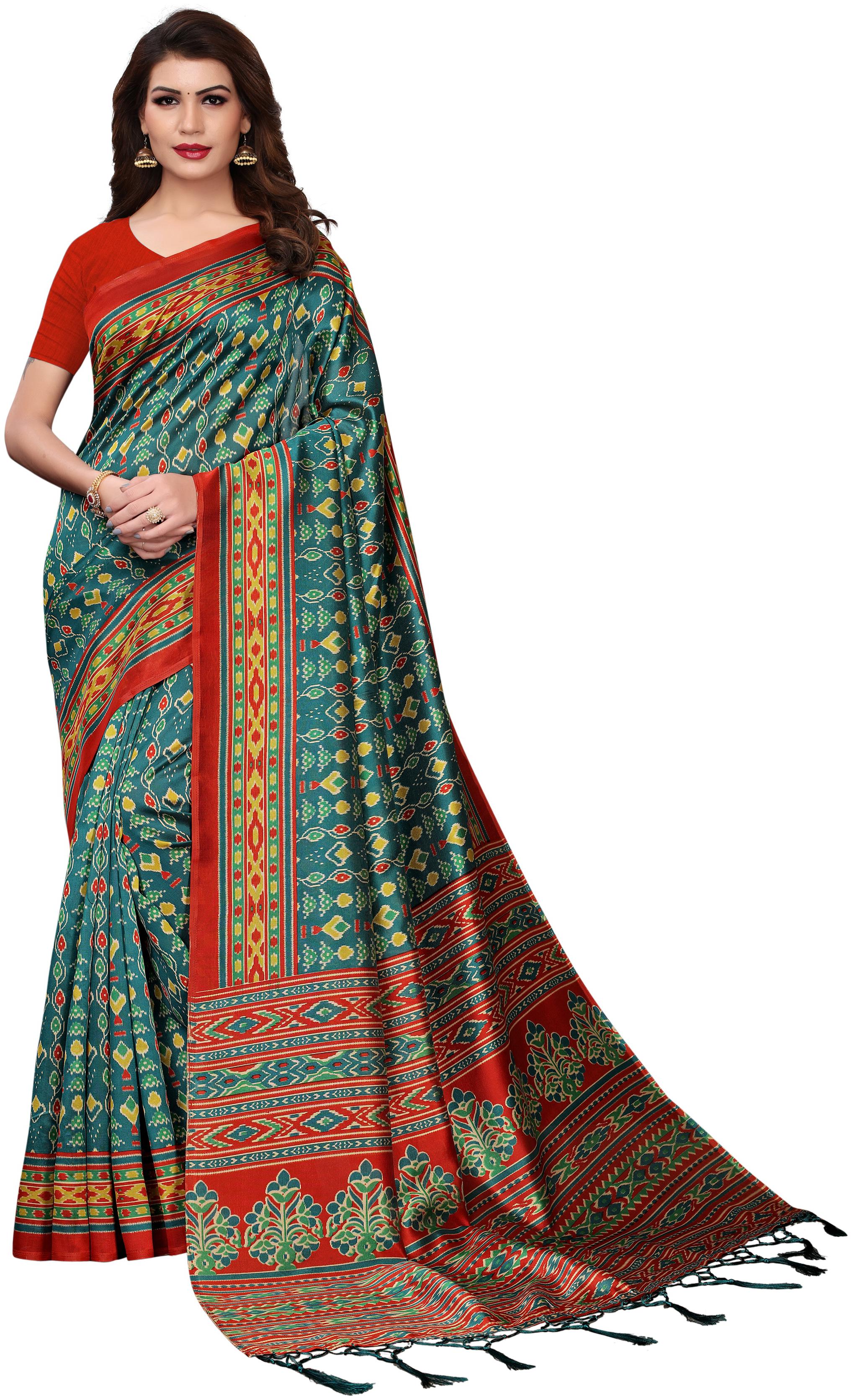 

Sareemall Teal Green Casual Art Silk Printed Saree With Unstitched Blouse