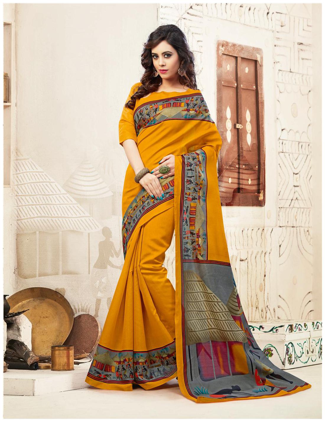 

Sareemall Yellow Pinted Border Bhagalpuri Saree With Unstitched Blouse